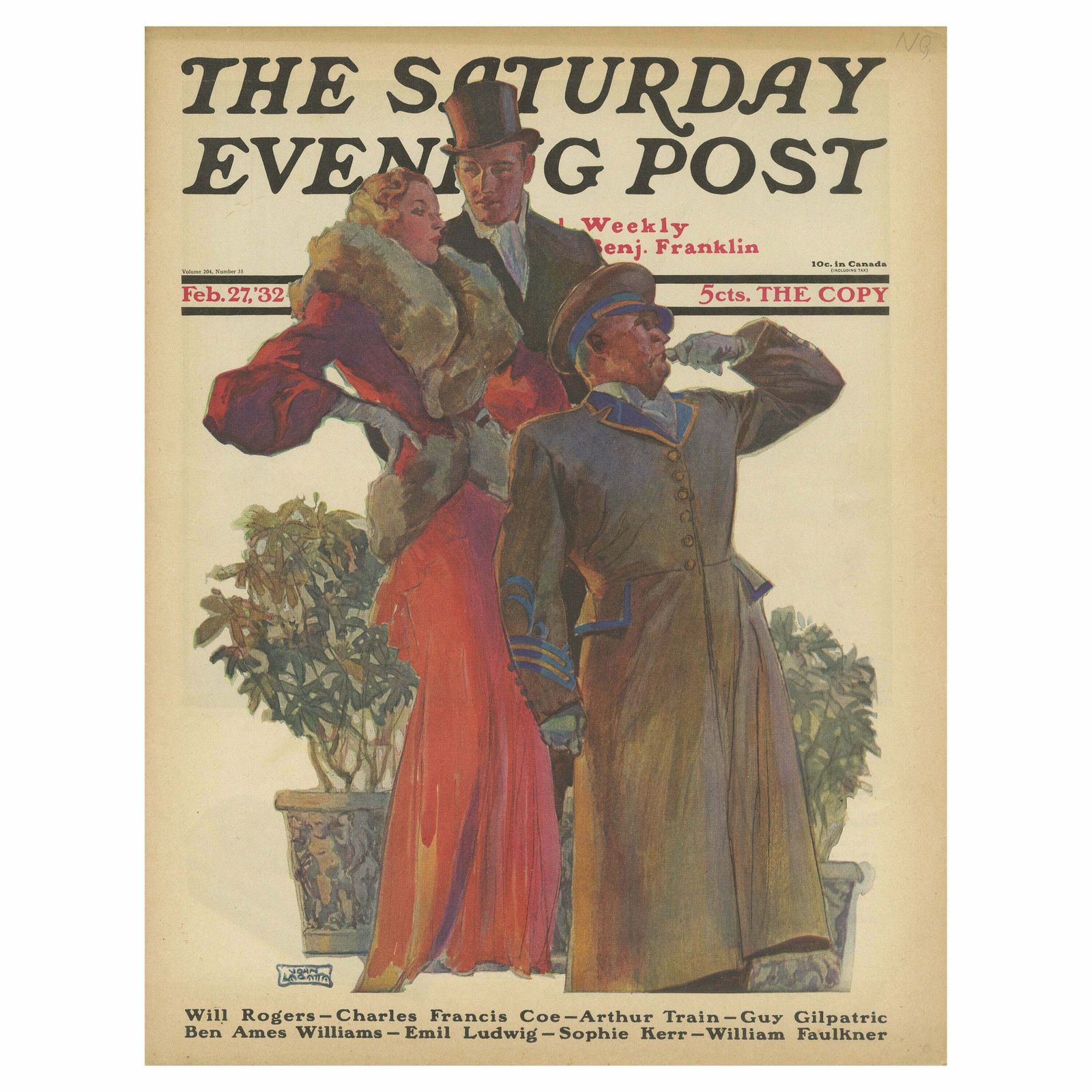 Vintage Print Of A Couple Waiting For A Taxi 'The Saturday Evening Post' '1932'