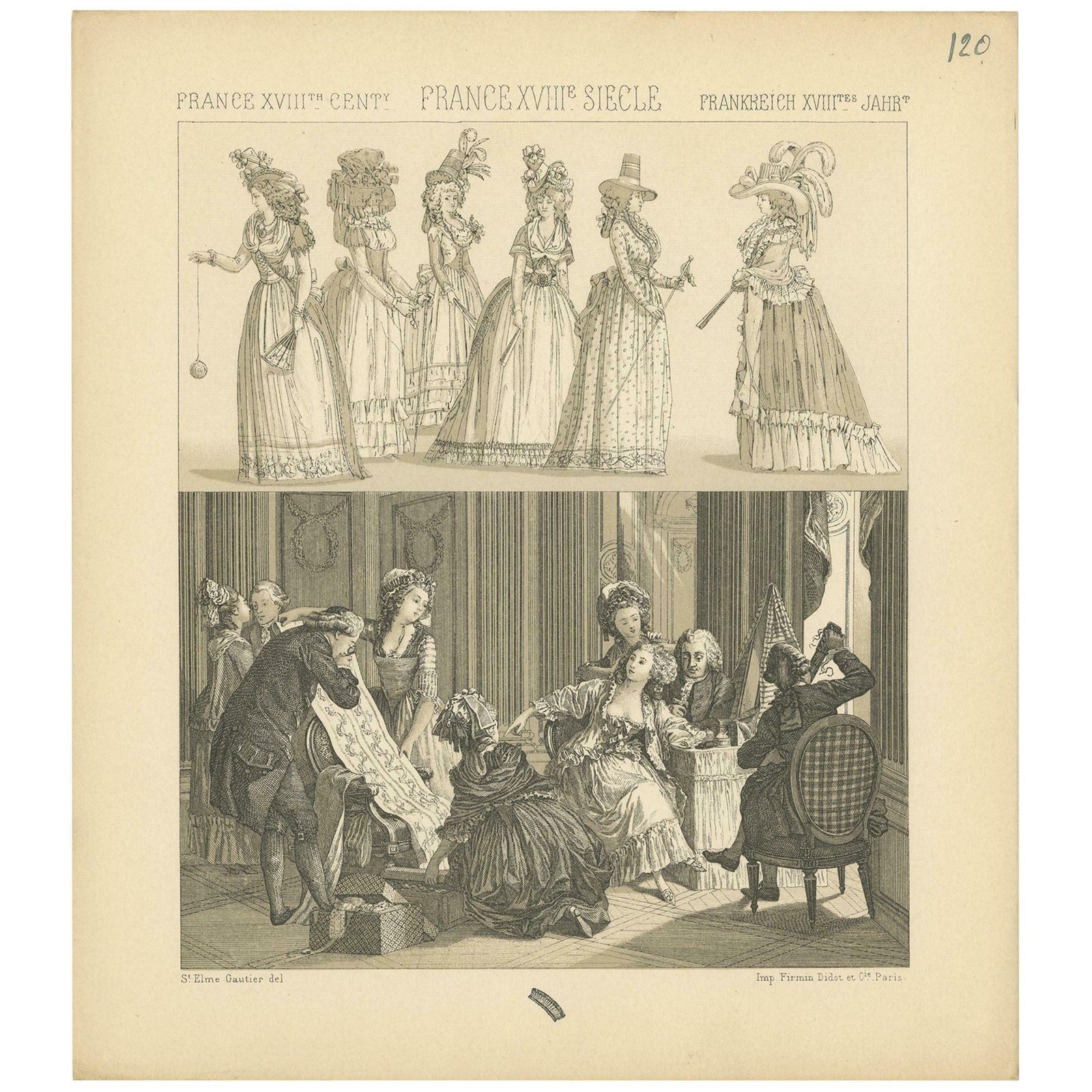 Pl. 120 Antique Print Of French 18th Century Dresses By Racinet, 'Circa 1880'