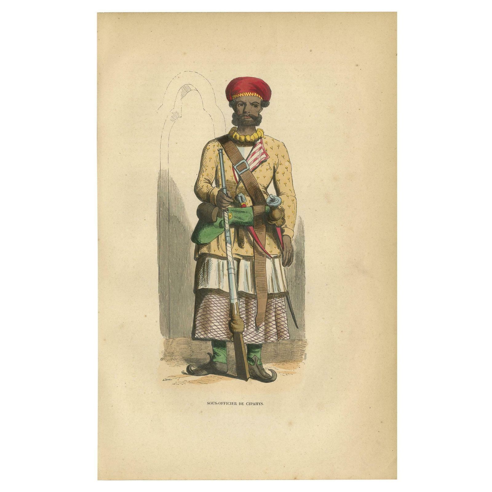 Antique Print Of An Indian Sepoy Officer By Wahlen, '1843'