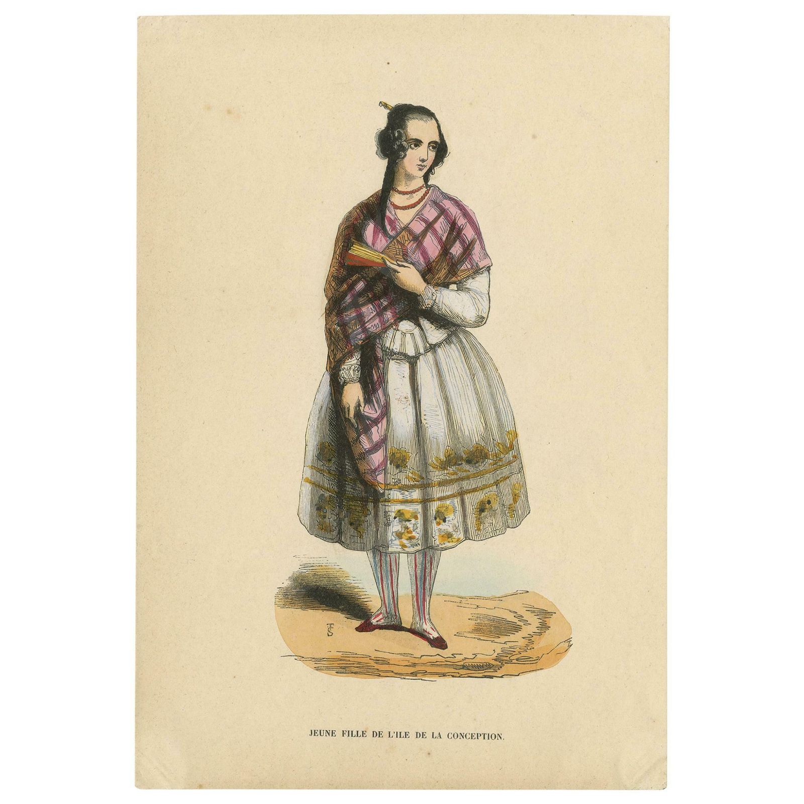 Antique Costume Print Of Young Lady Of Conception Island By Wahlen, 1843