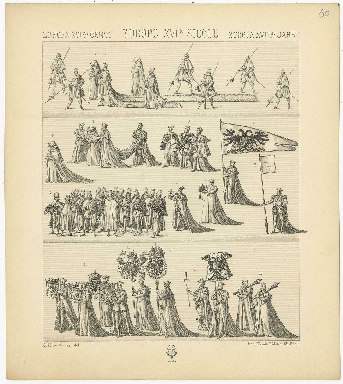 Pl. 60 Antique Print Of European 16th Century Royalty Scenes By Racinet photo for sale
