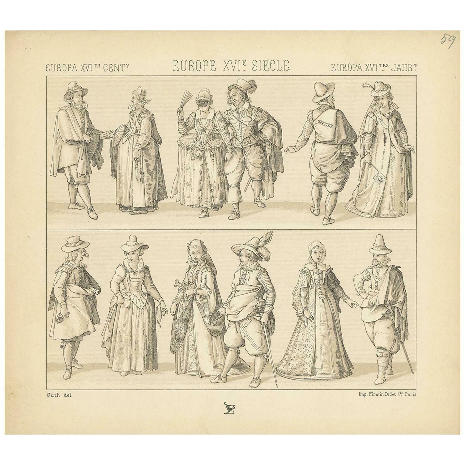 Pl. 59 Antique Print Of European Xvith Century Costumes By Racinet