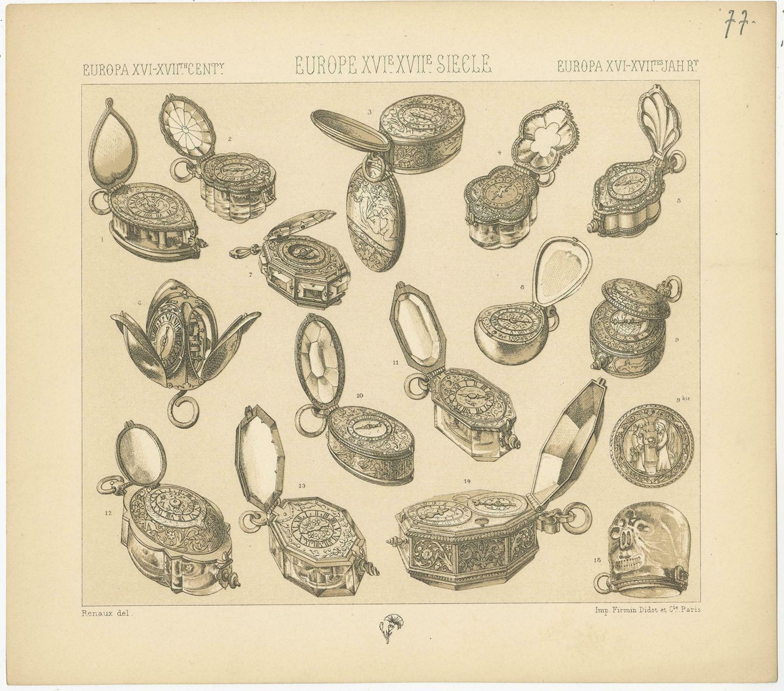 Pl. 77 Antique Print Of European Xvith Xviith Clock Objects By Racinet photo for sale