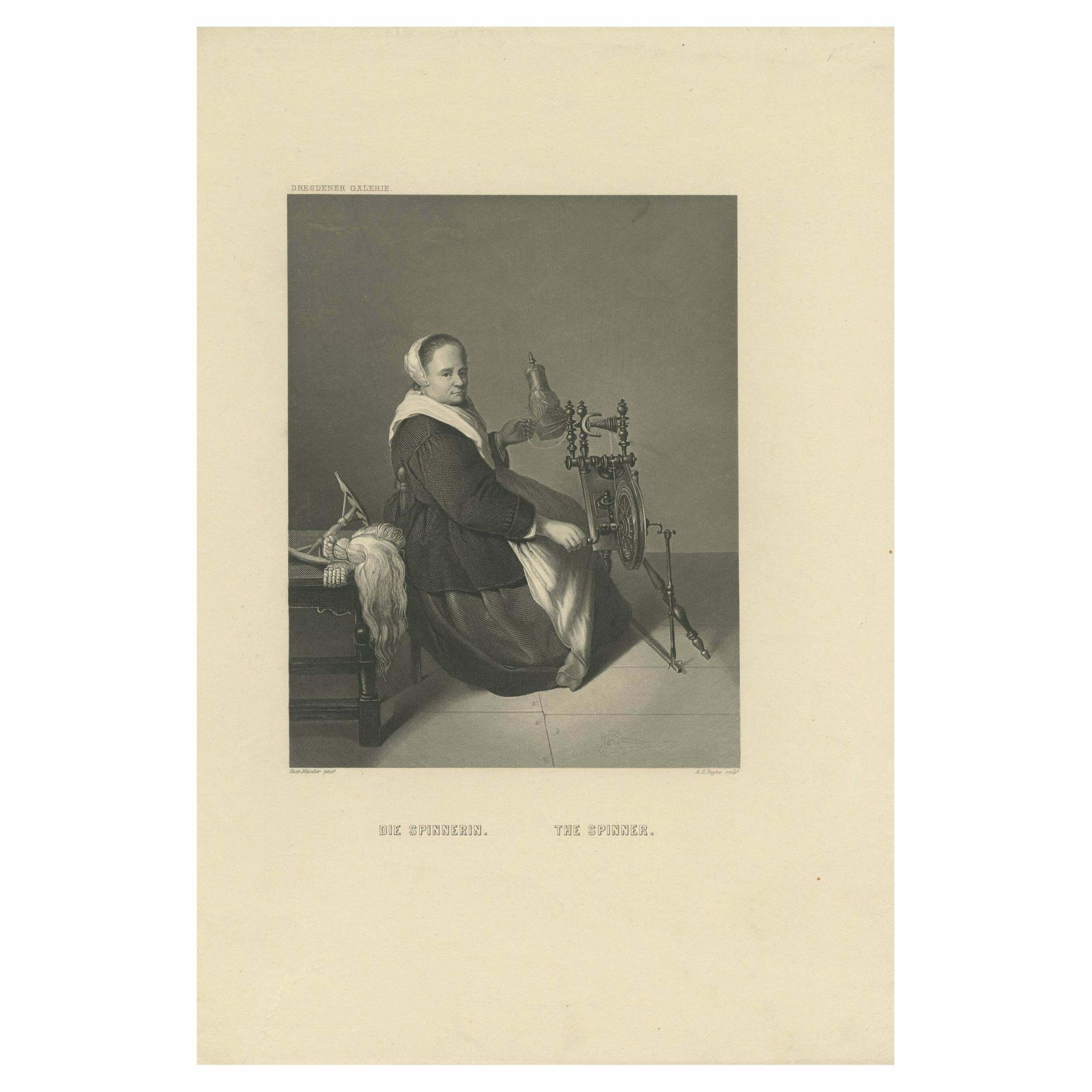 Antique Print Of A Woman Spinning On A Spinning Wheel By Payne, 'C.1850'