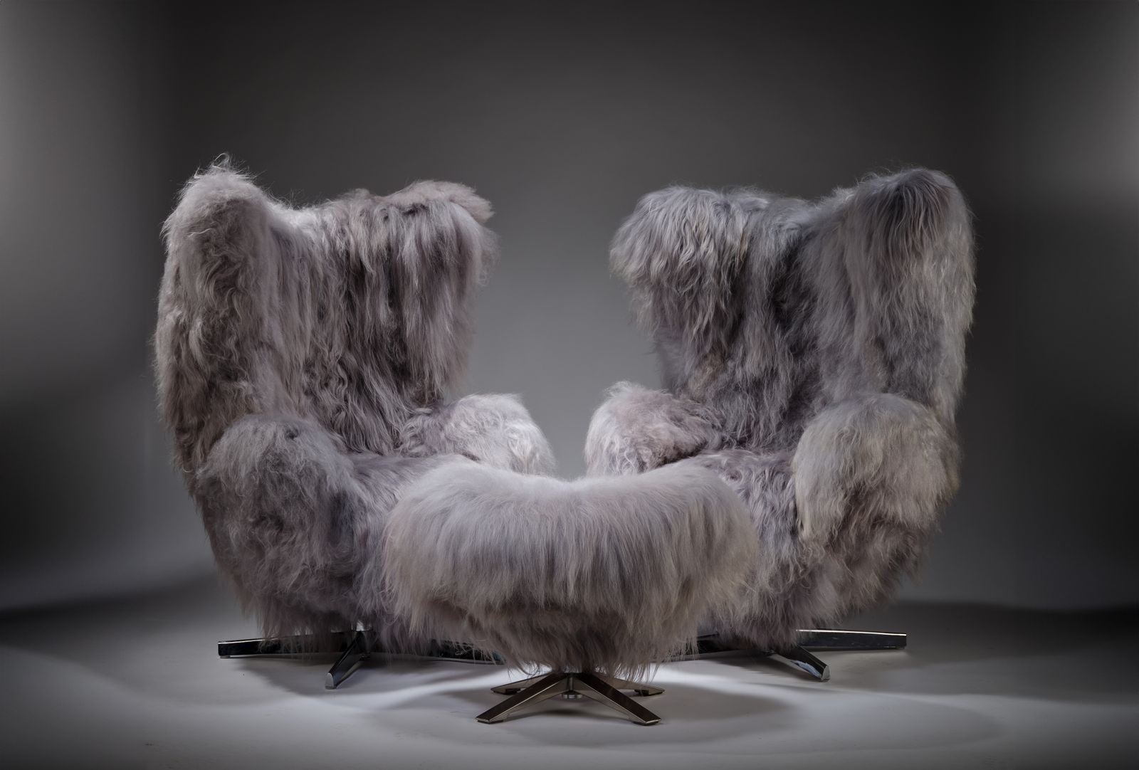 The 'Huggie Bear Chair', Unique Vintage Egg Chair & Footstool Wrapped In Sumptuous Silver Tipped Long Haired Icelandic Sheepskin. 2 Chairs Available.