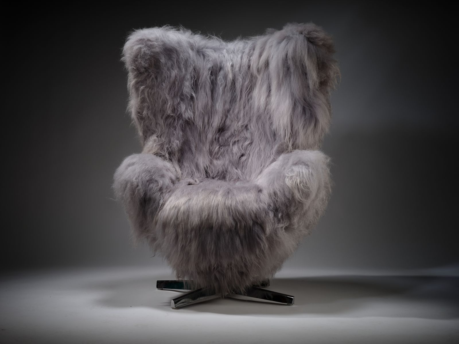 photo furniture The 'Huggie Bear Chair', Unique Vintage Egg Chair & Footstool Wrapped In Sumptuous Silver Tipped Long Haired Icelandic Sheepskin. 2 Chairs Available.