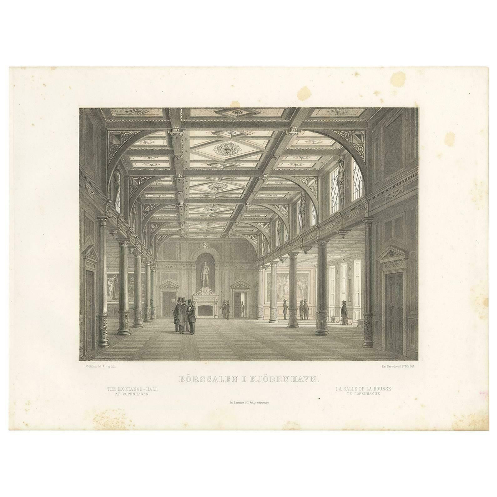 Antique Print Of The Exchange Hall In Copenhagen, 'Denmark'