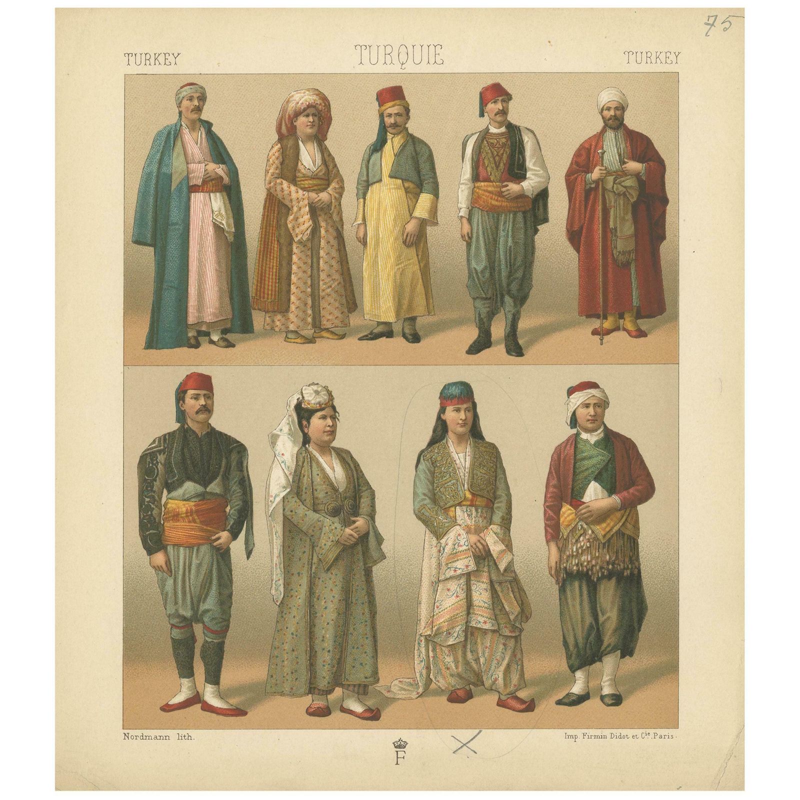 Pl. 75 Antique Print Of Turkish Costumes By Racinet, 'Circa 1880'