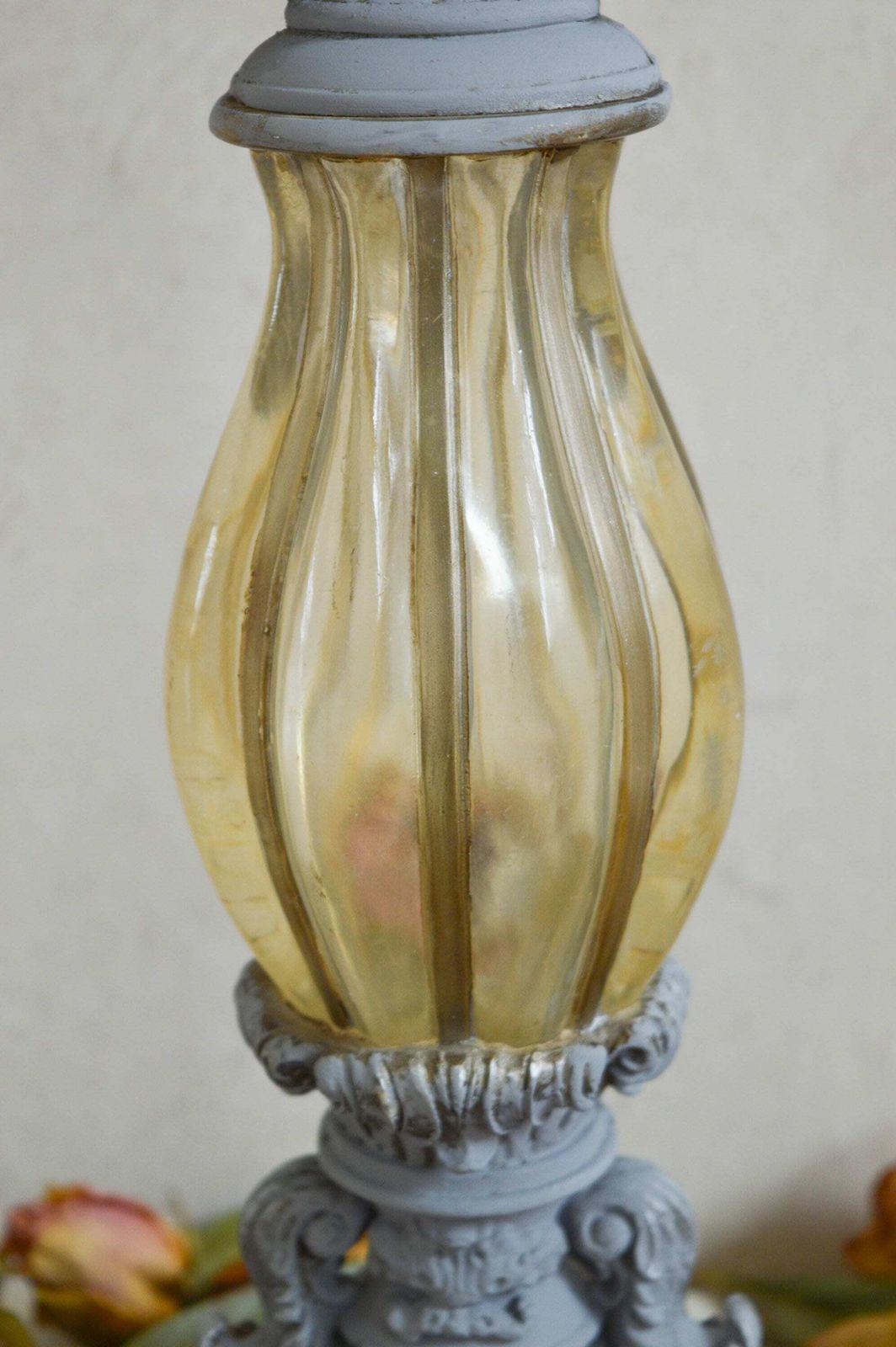 Rare Vintage French Style Large Grey Table Lamp, Ornate Scrolling Acanthus Leaves, Hand Painted Night Light With In Line Switch photo for sale