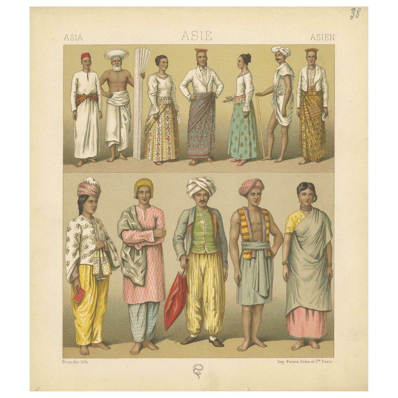Pl. 38 Antique Print Of Asian Clothing By Racinet, 'Circa 1880'