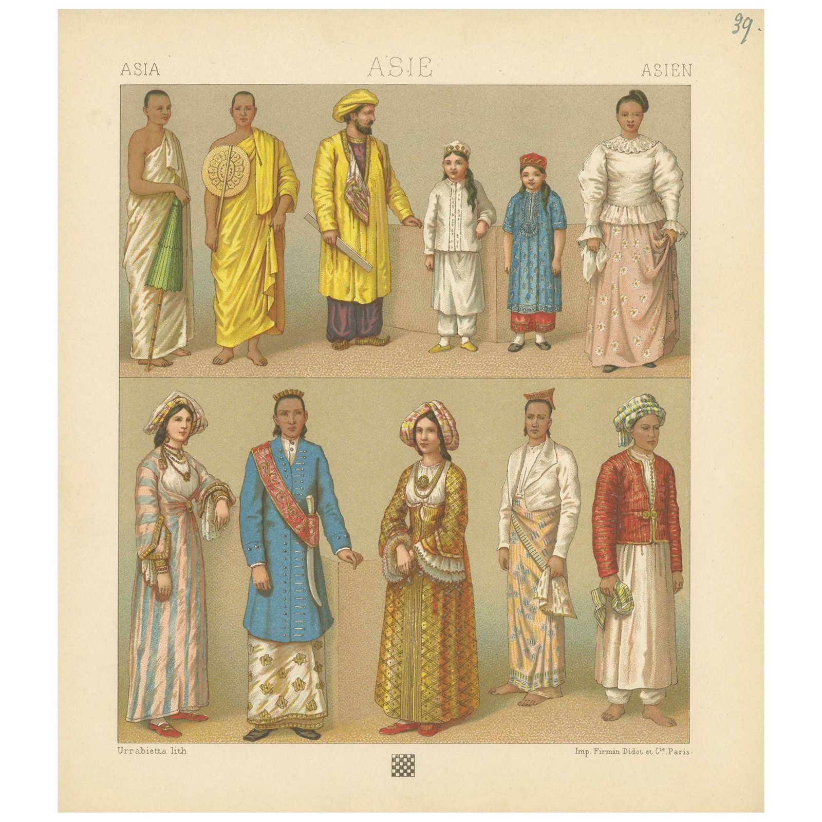 Pl. 39 Antique Print Of Asian Clothing By Racinet, 'Circa 1880'