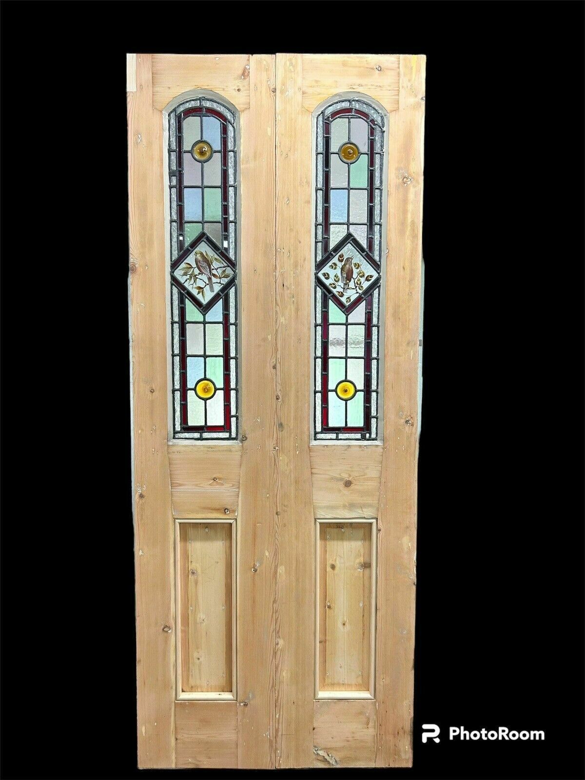 Edwardian Stained Glass Doors Antique Period Reclaimed Old French Double Leaded photo vintage