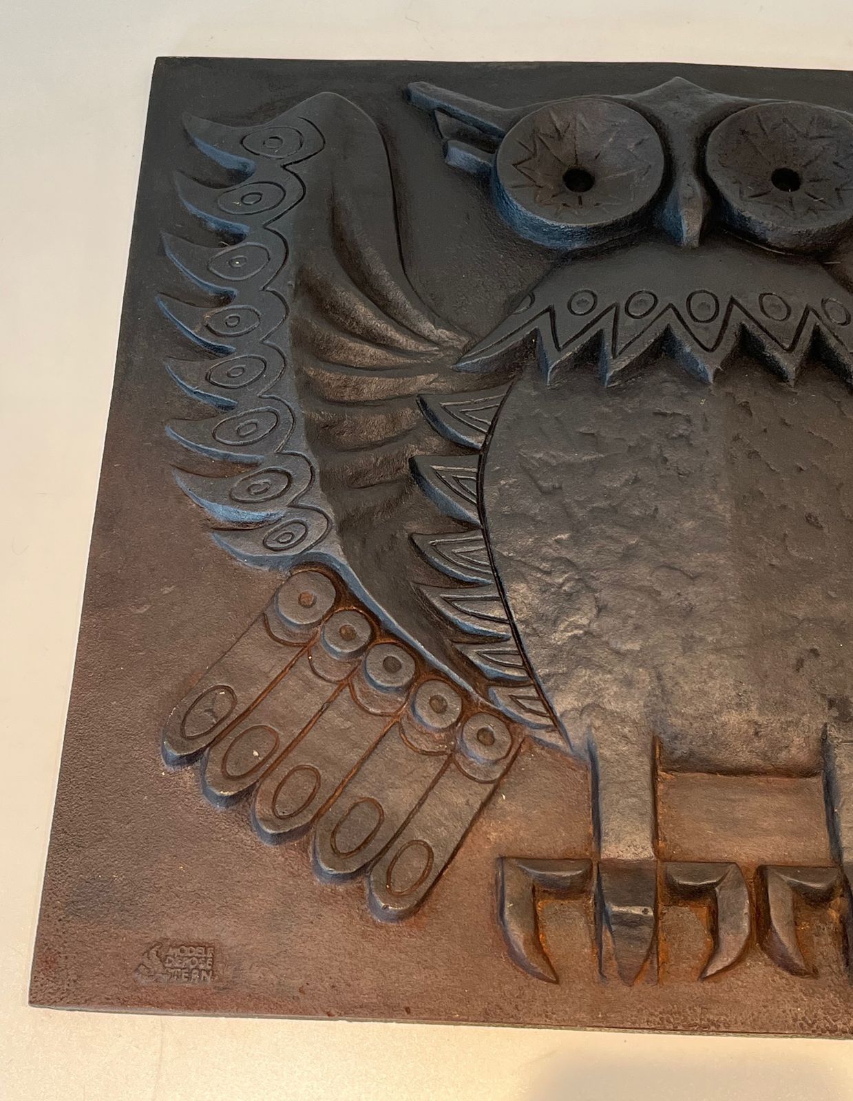 Modernist Cast Iron Fireplace Plate. Owl Model photo for sale