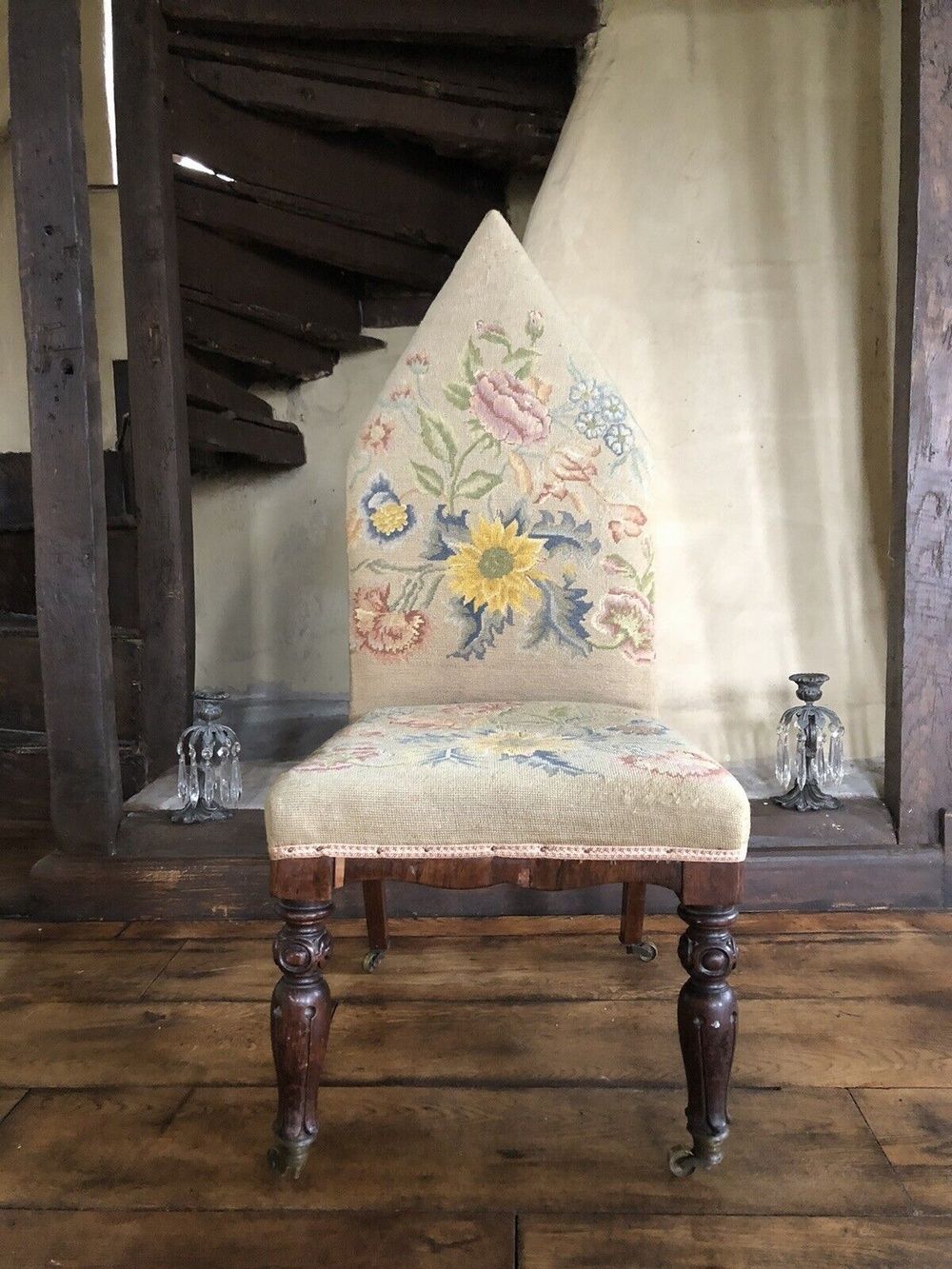 Rare Gothic Orginal Pointed Arch Antique Rosewood Needlework Tapestry Floral Chair photo furniture