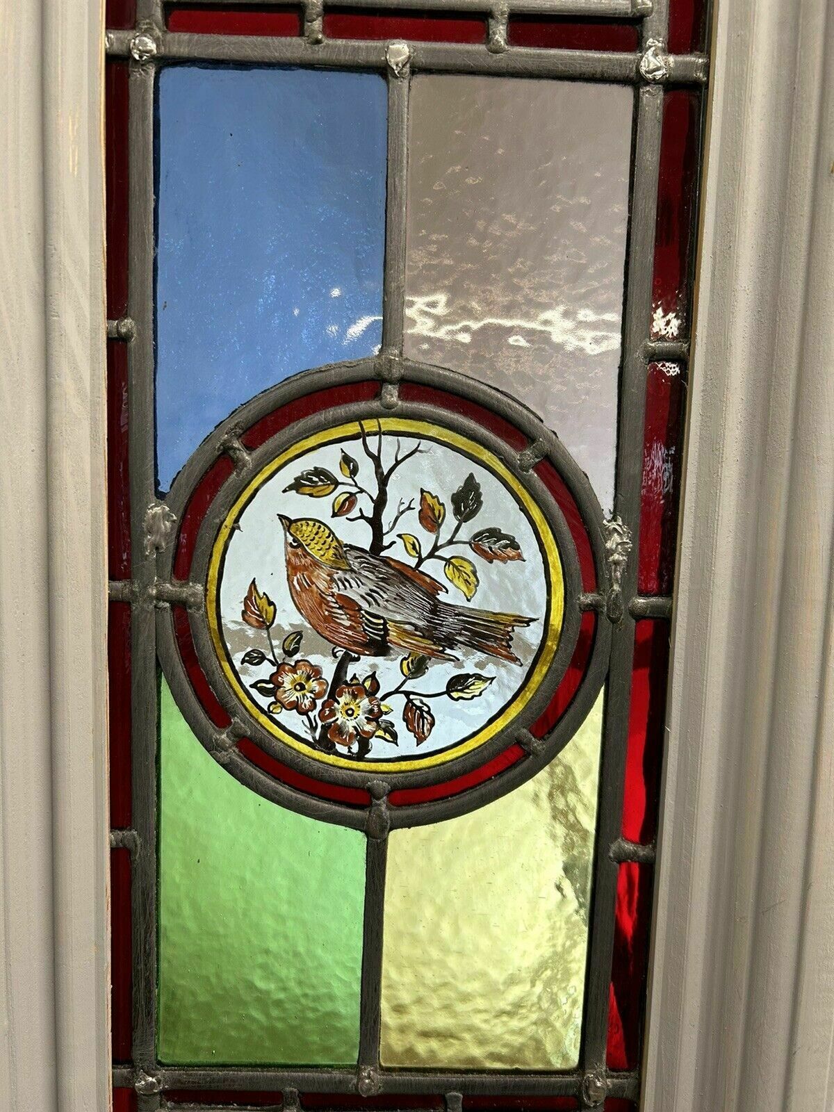 Victorian Stained Glass Front Door Antique Period Reclaimed Leaded Painted Birds photo vinterior