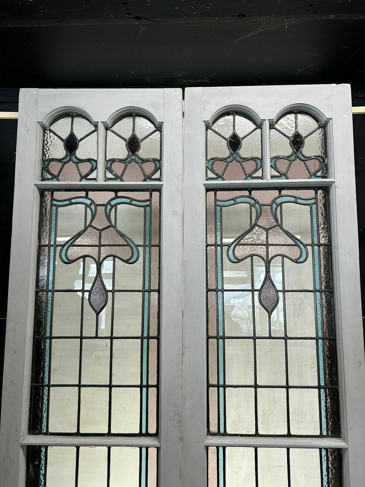Edwardian Stained Glass Doors Antique Period Reclaimed Old French Double Leaded photo furniture