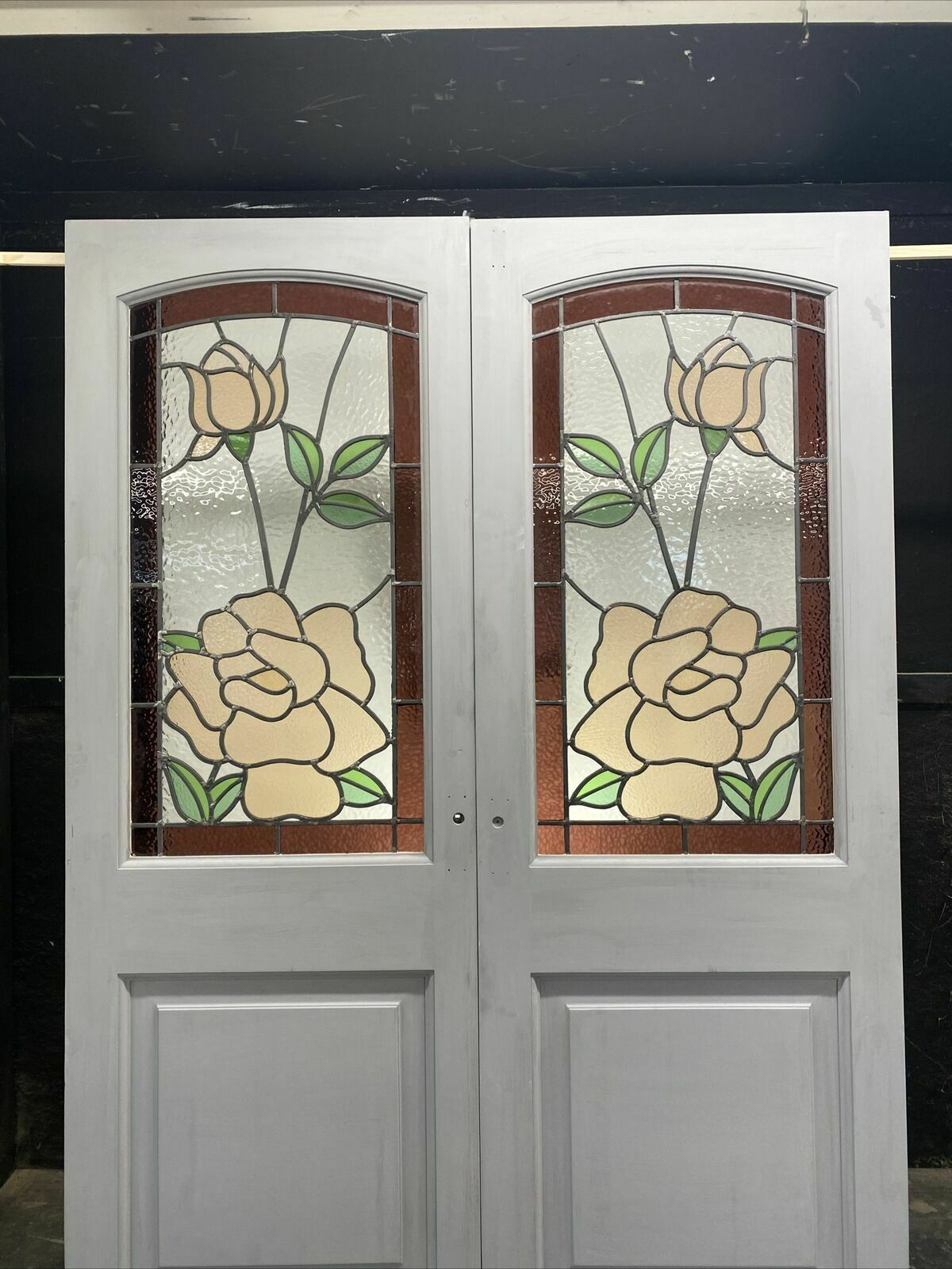 Edwardian Stained Glass French Doors Antique Period Reclaimed Old Leaded Pine photo furniture