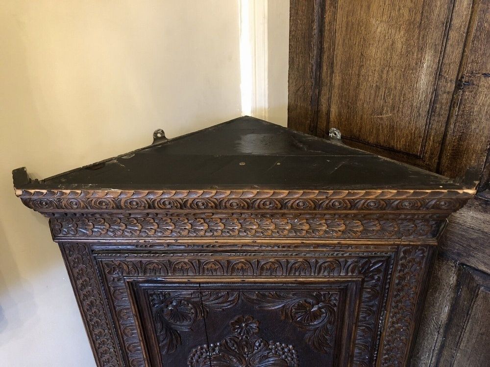 Rare Original Intricately Carved Ornate Oak Antique Corner Cupboard Cabinet Circa   1800's photo buy