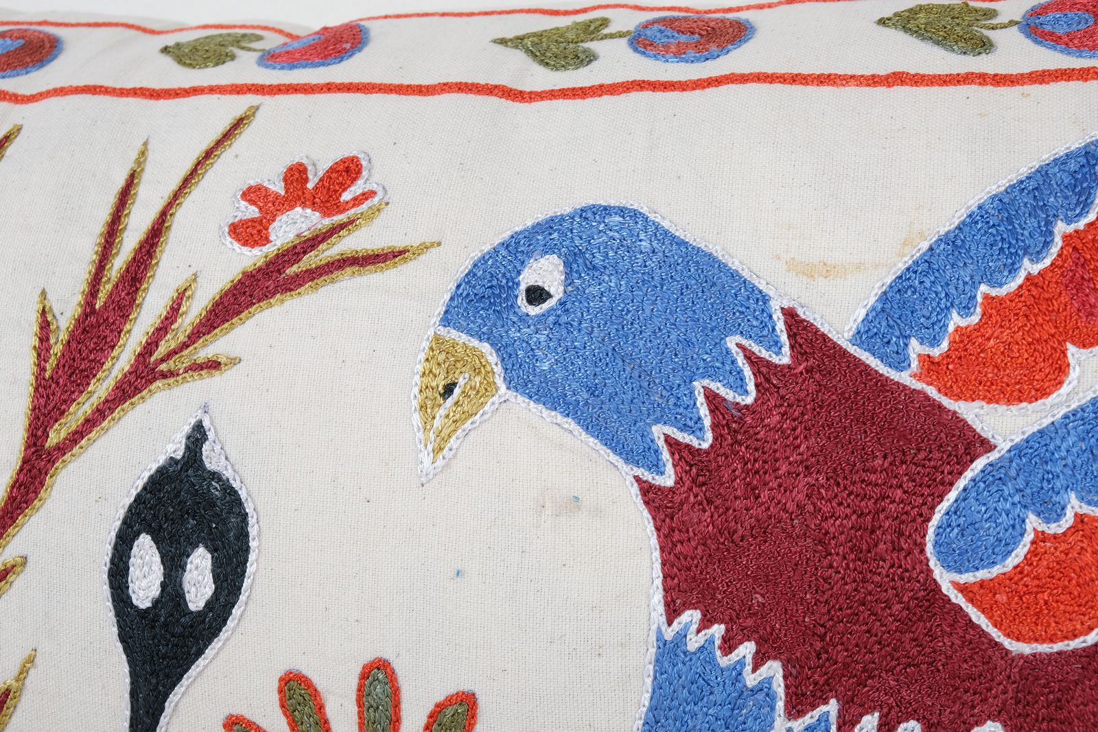 Uzbek Suzani Cover With Animal Motif, Bird Suzani Pillow Case Made From Cotton Fabric photo for sale