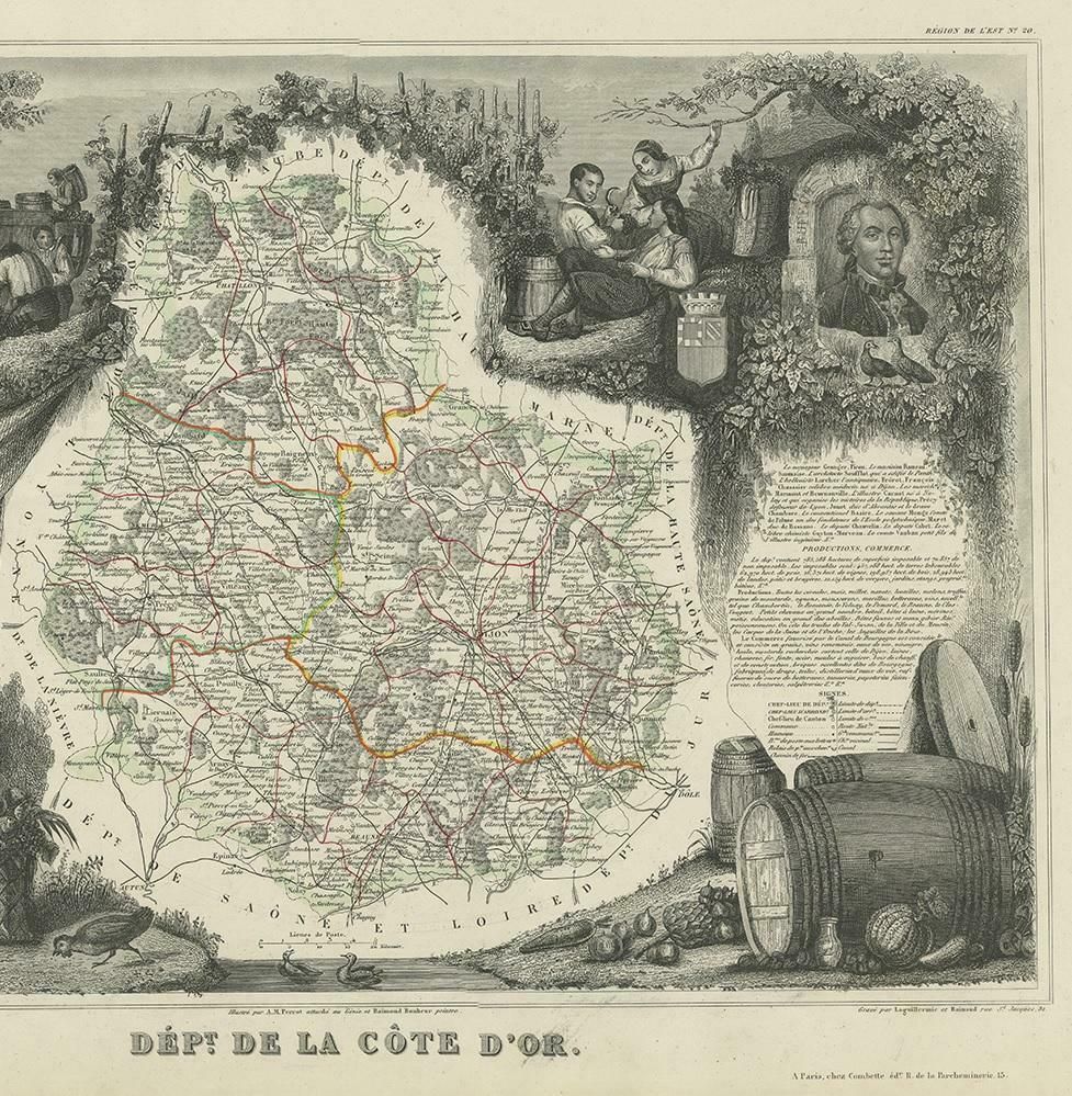 Antique Map Of Côte D'or ‘France’ By V. Levasseur, 1854 photo Art