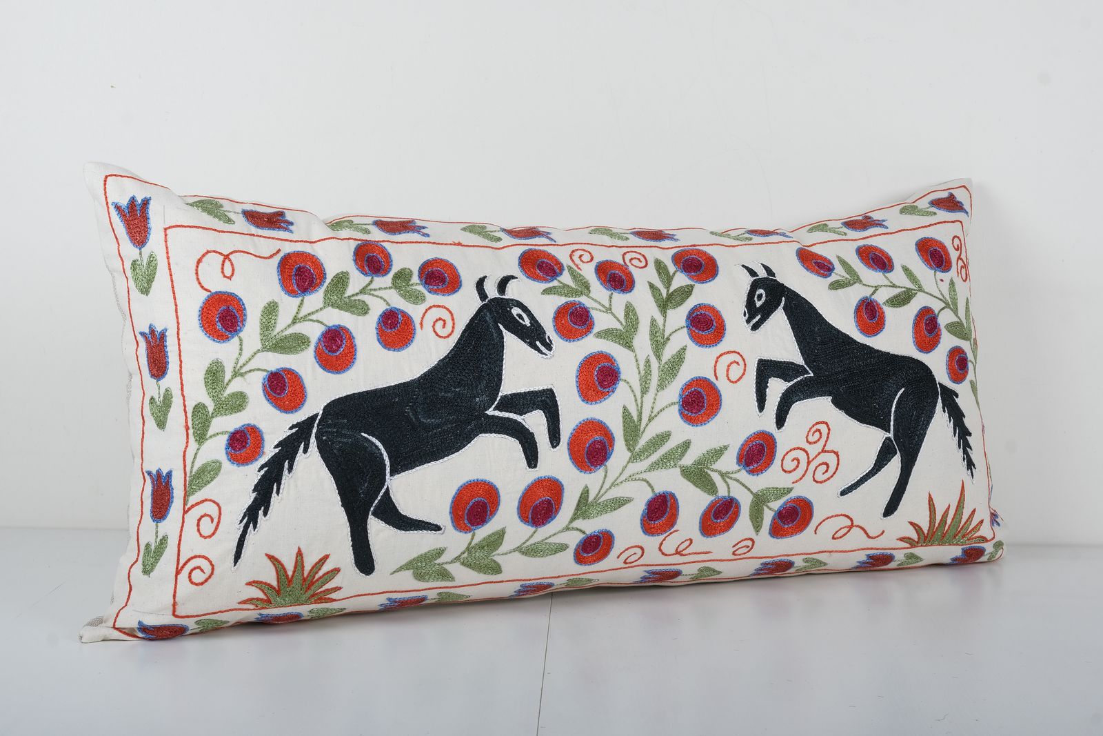 Tashkent Suzani Animal Pictorial Bedding Pillow Case Made From A 19th Century Suzani, Horse Motif Cushion Cover photo for sale