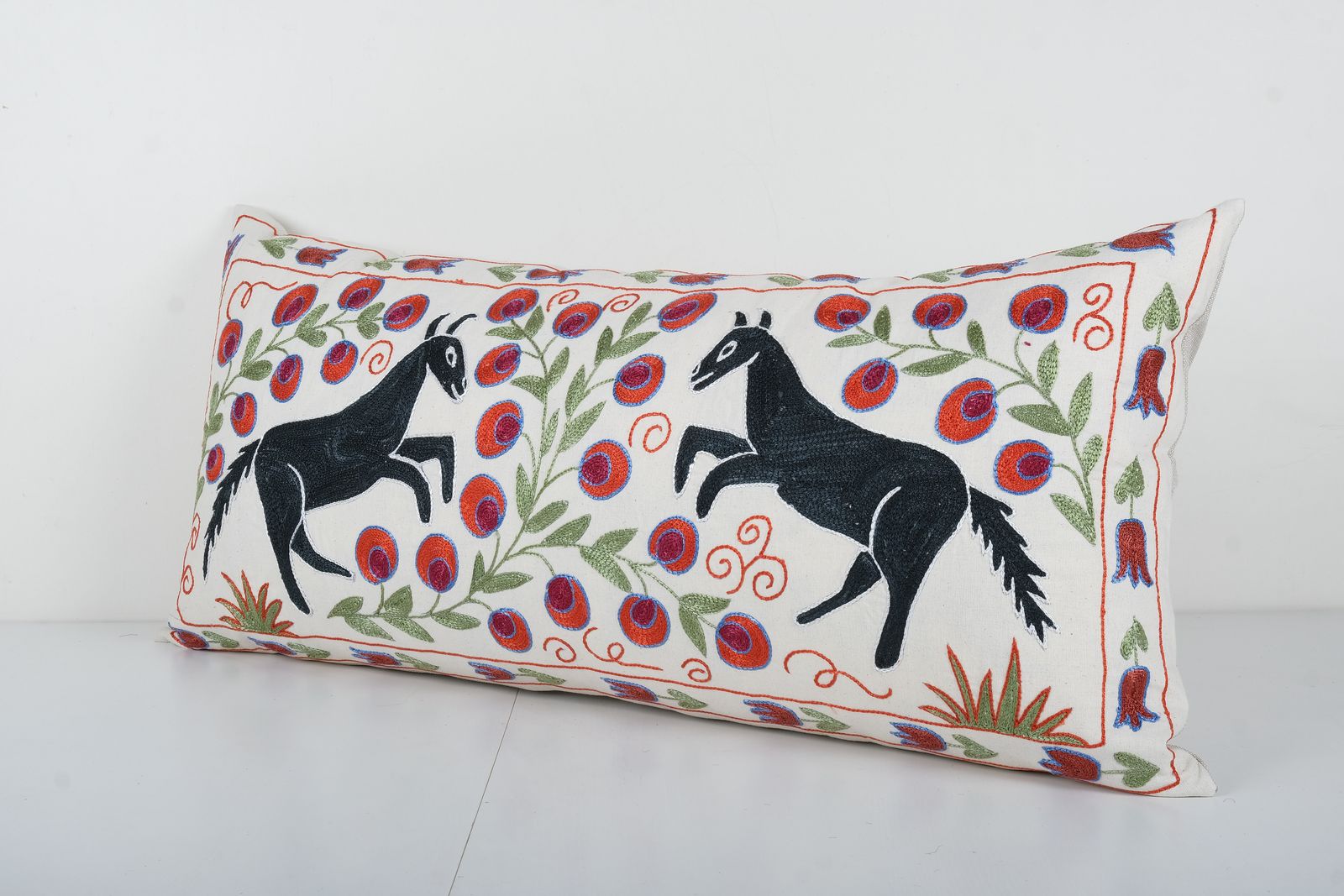 Tashkent Suzani Animal Pictorial Bedding Pillow Case Made From A 19th Century Suzani, Horse Motif Cushion Cover photo Textiles