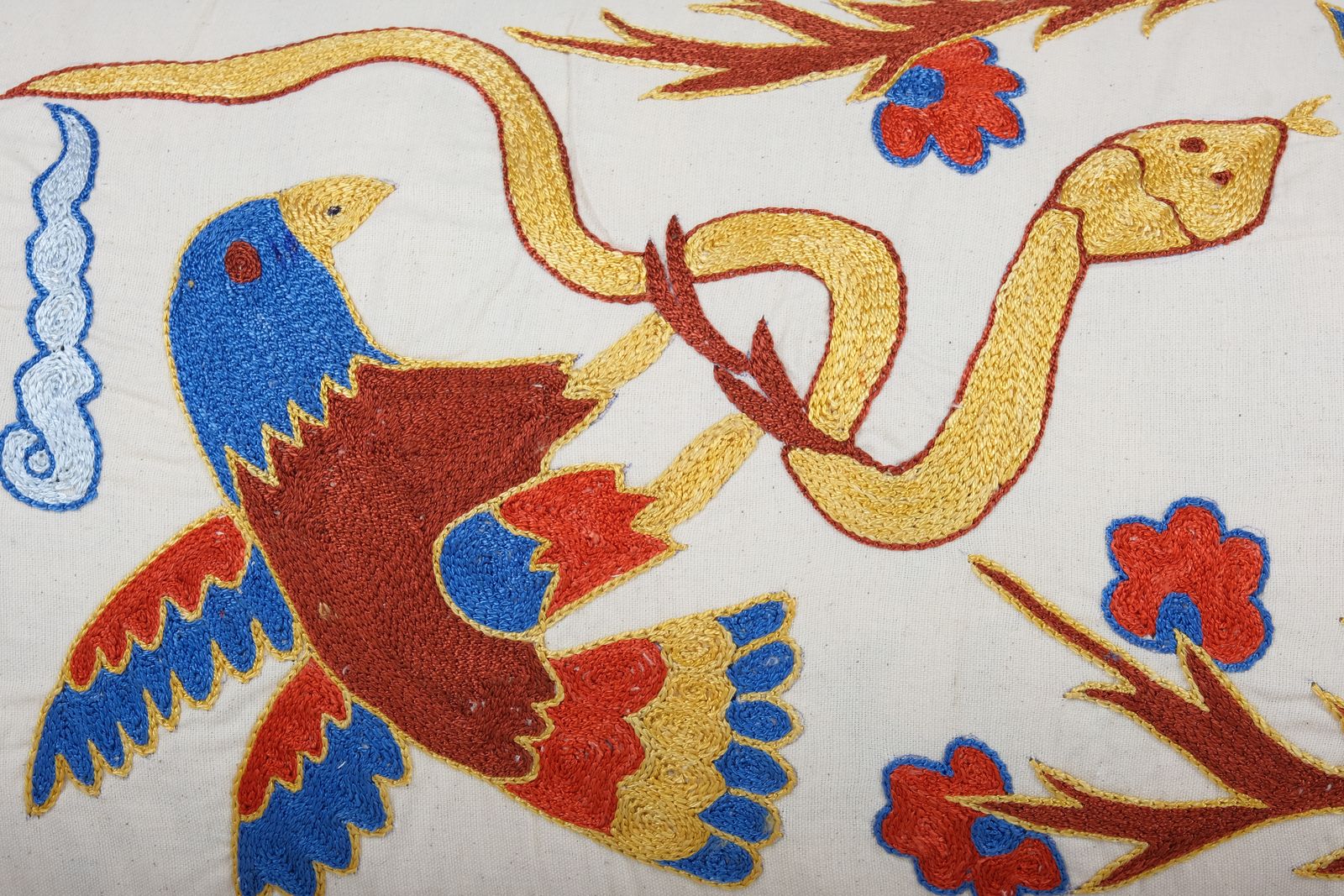 Uzbek Extra Long Colorful Snake And Bird Suzani Cover With Animal Motif, Embroidery Designer Long Pillow Case photo furniture