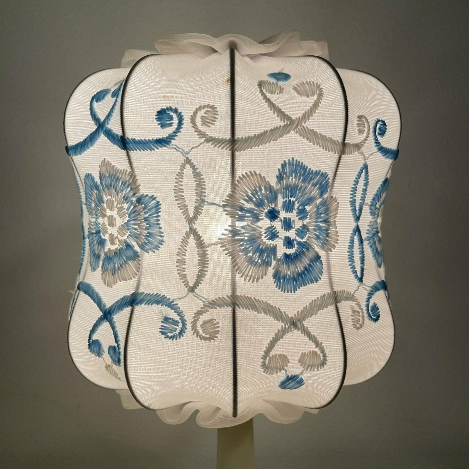 Cute German 1970s Mid Century White Plastic Table Lamp With Embroidery On Fabric Shade And Lace Details   Design By Aro Leuchte photo furniture