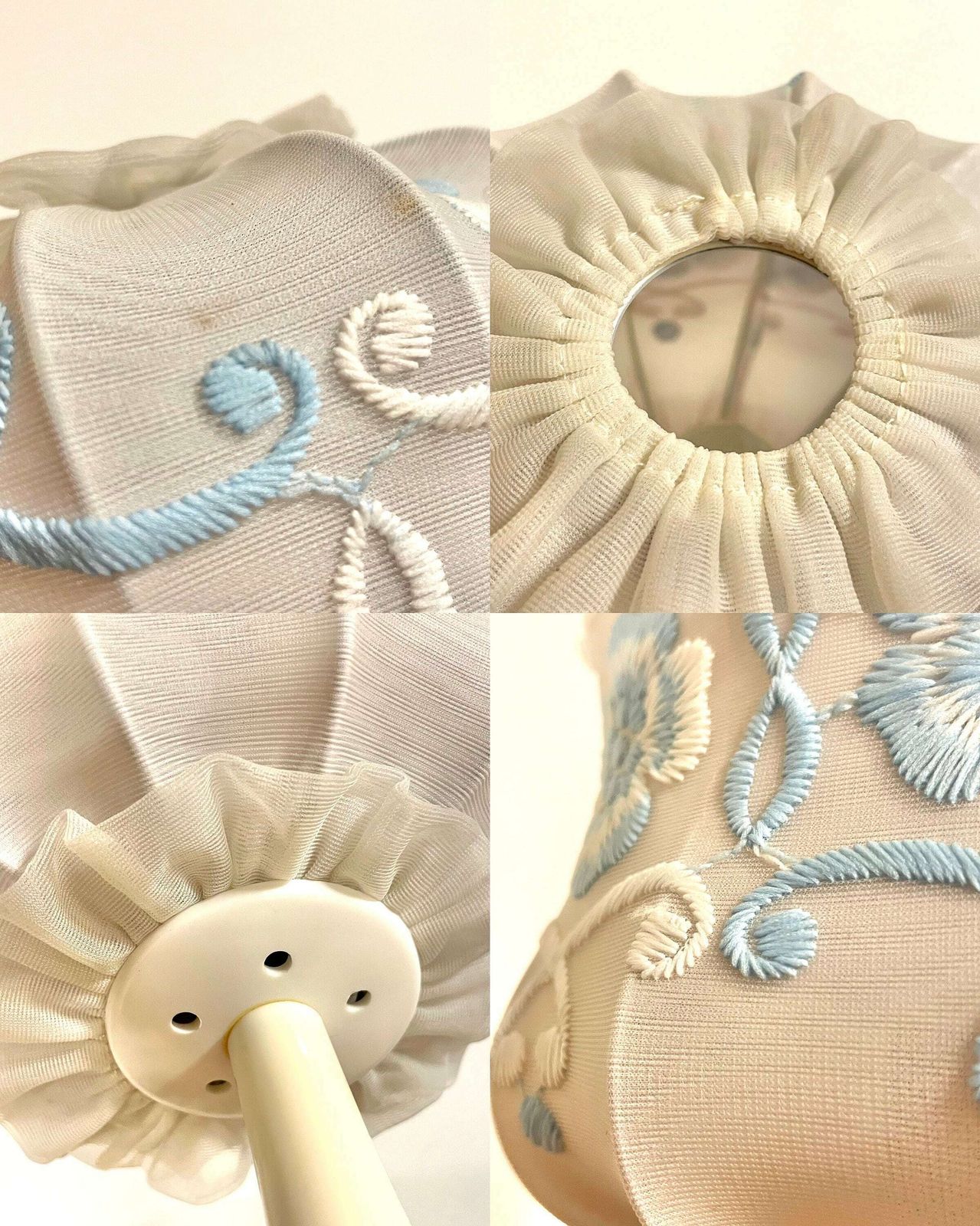 photo furniture Cute German 1970s Mid Century White Plastic Table Lamp With Embroidery On Fabric Shade And Lace Details   Design By Aro Leuchte