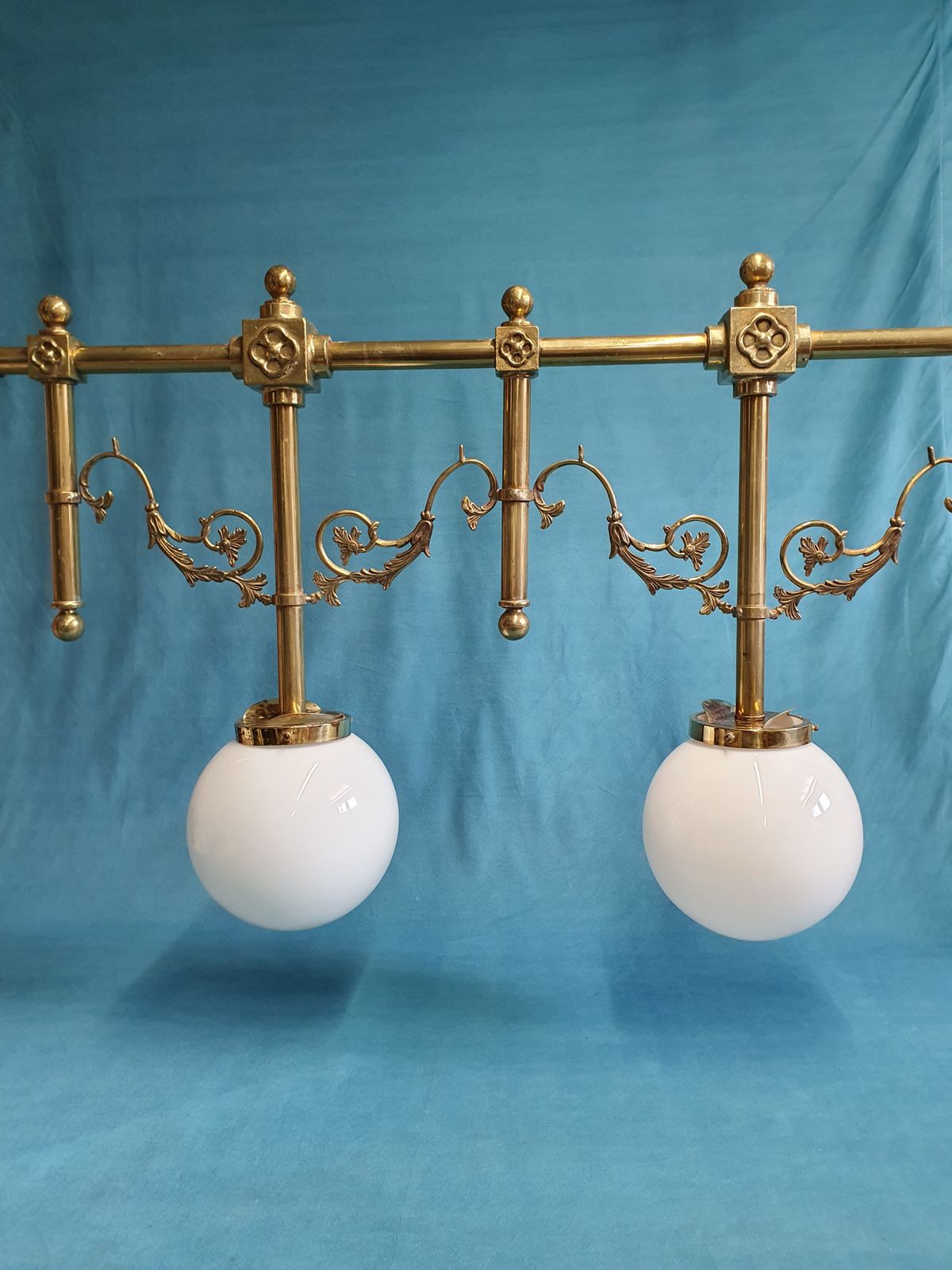 Early 20th Century Gothic Style Chandelier In Brass With Glass Globes photo for sale