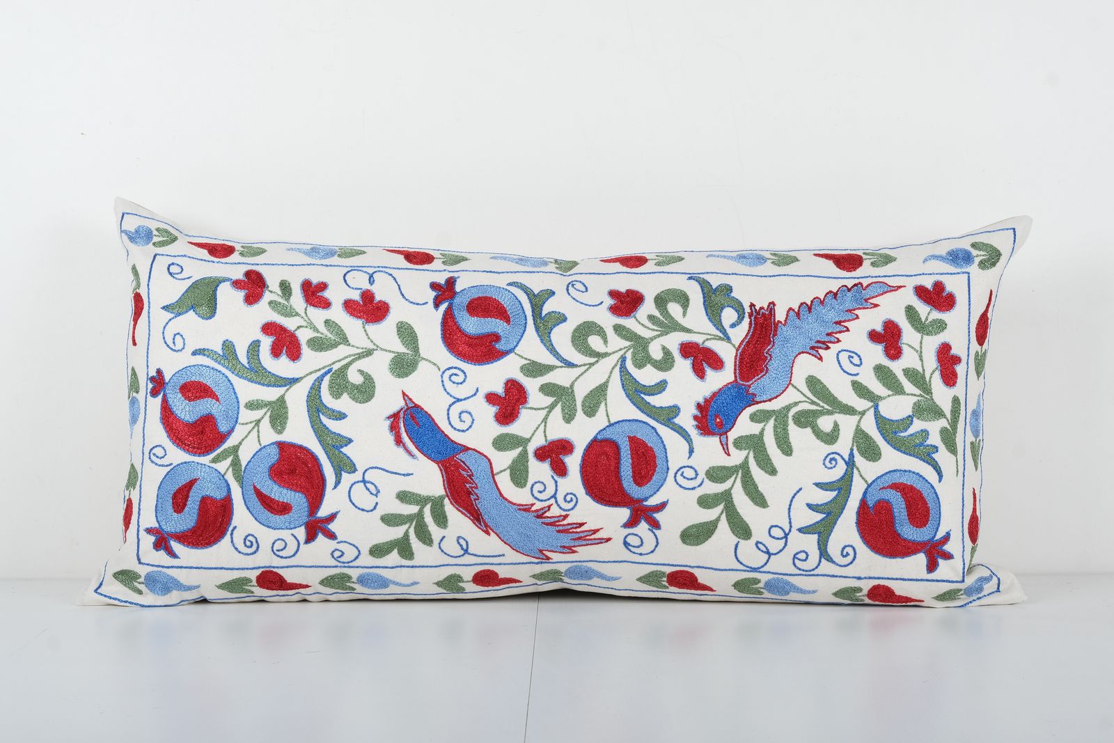 Vintage Long Animal Suzani Pillow Cover, Bird Motif Tribal Cushion Cover 1960s Handmade Samarkand Uzbek Suzani Textile Art