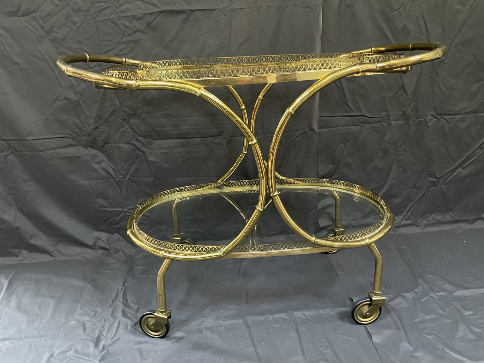 Vintage Mid Century French Brass Faux Bamboo Cocktail Drinks Trolley Serving Car photo for sale