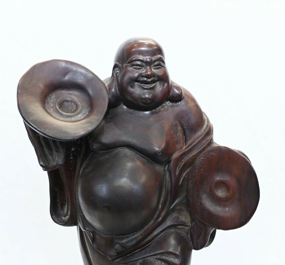 Carved Antique Happy Buddha Statue Hardwood Chinese photo Art