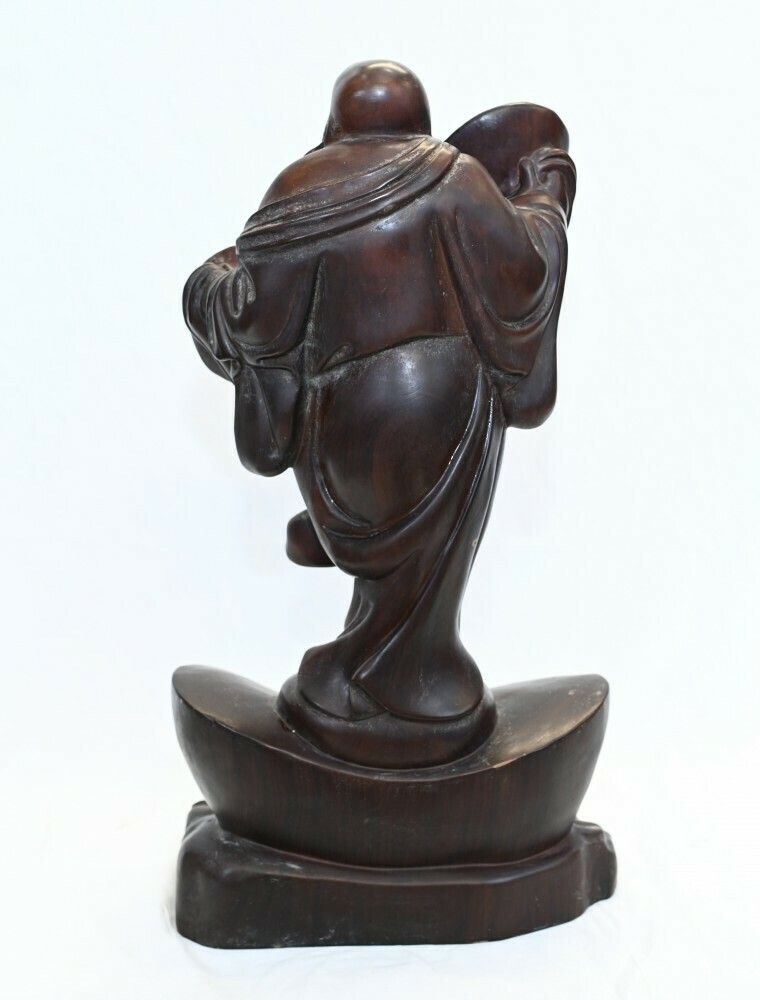Carved Antique Happy Buddha Statue Hardwood Chinese photo vinterior