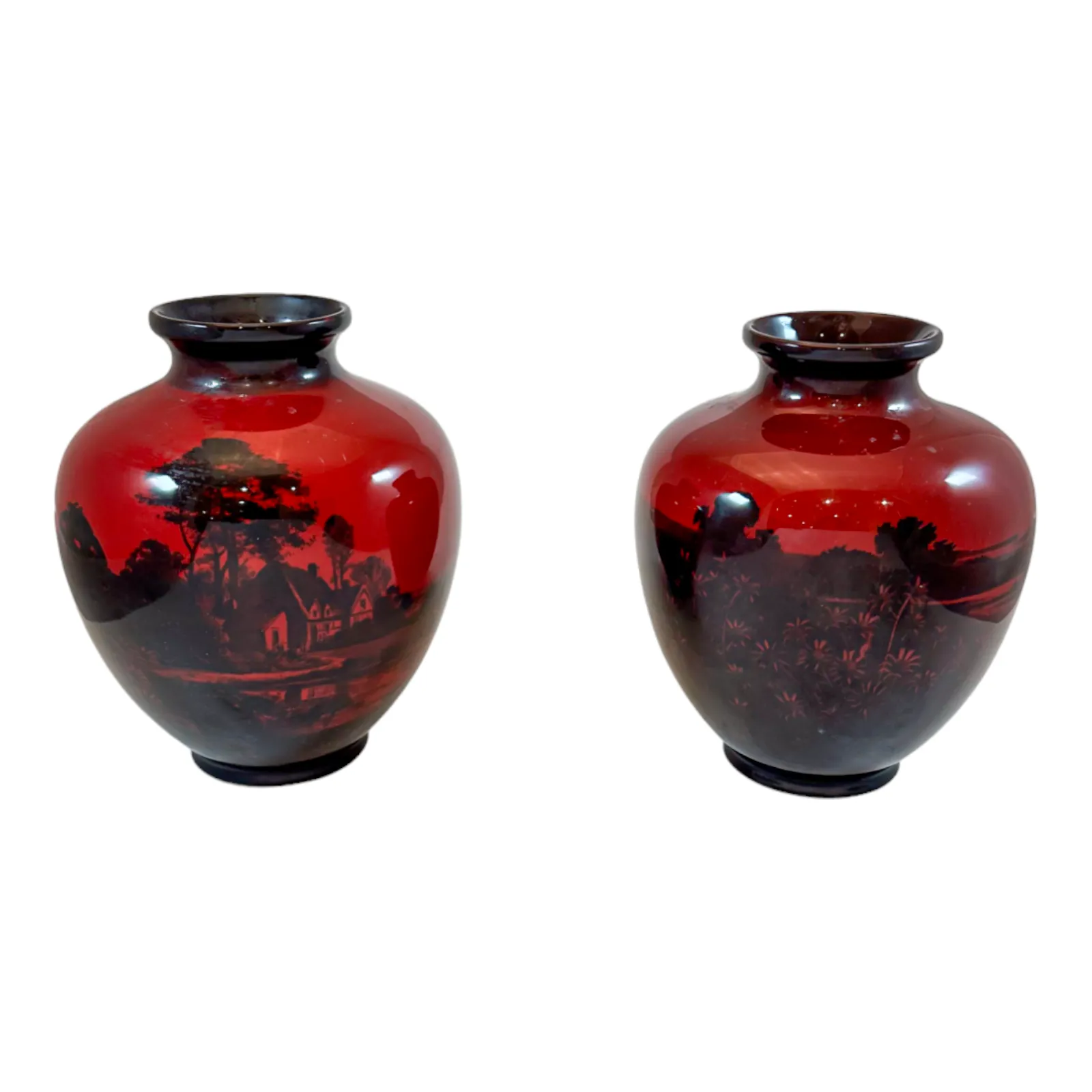 Art Deco Pair Red Flambe Folk Porcelain Urns Vases, Charles Noke, Royal Doulton