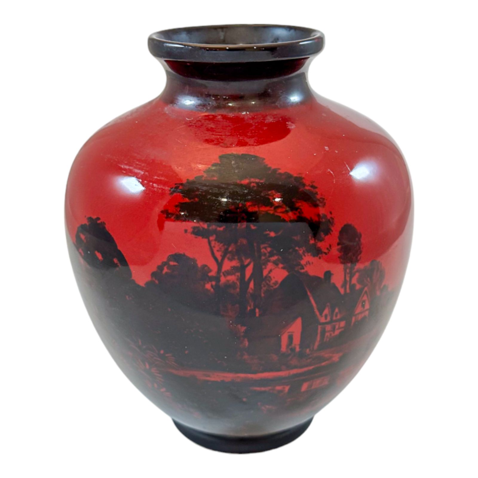 Art Deco Pair Red Flambe Folk Porcelain Urns Vases, Charles Noke, Royal Doulton photo for sale