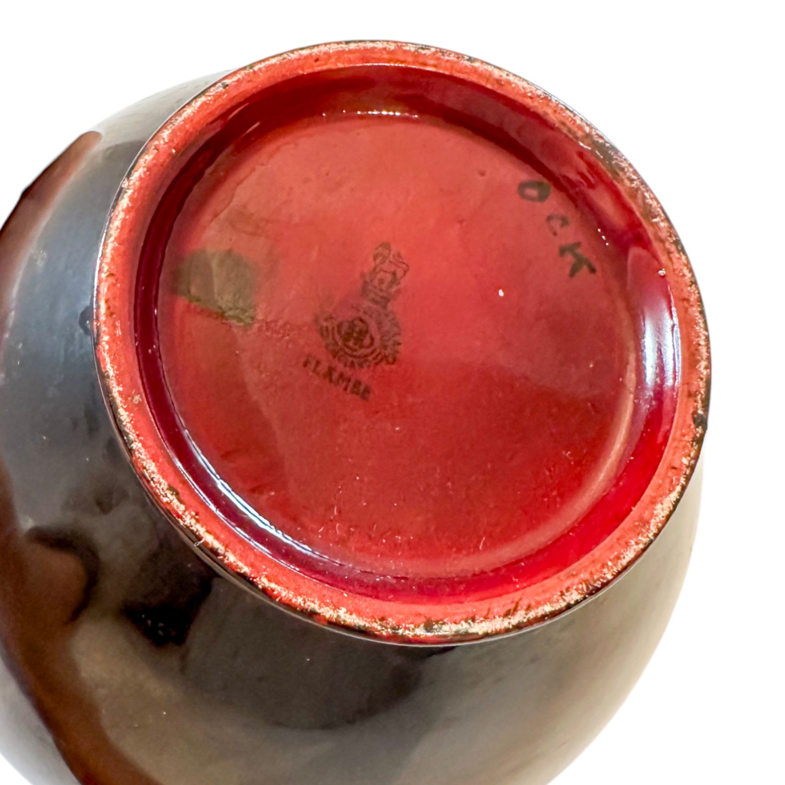 photo vintage Art Deco Pair Red Flambe Folk Porcelain Urns Vases, Charles Noke, Royal Doulton