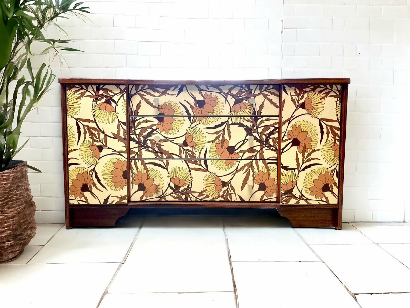 Upcycled Vintage Mid Century Sideboard, Tv Unit , 1970's Floral Print , Living Room, Dining Room Storage.