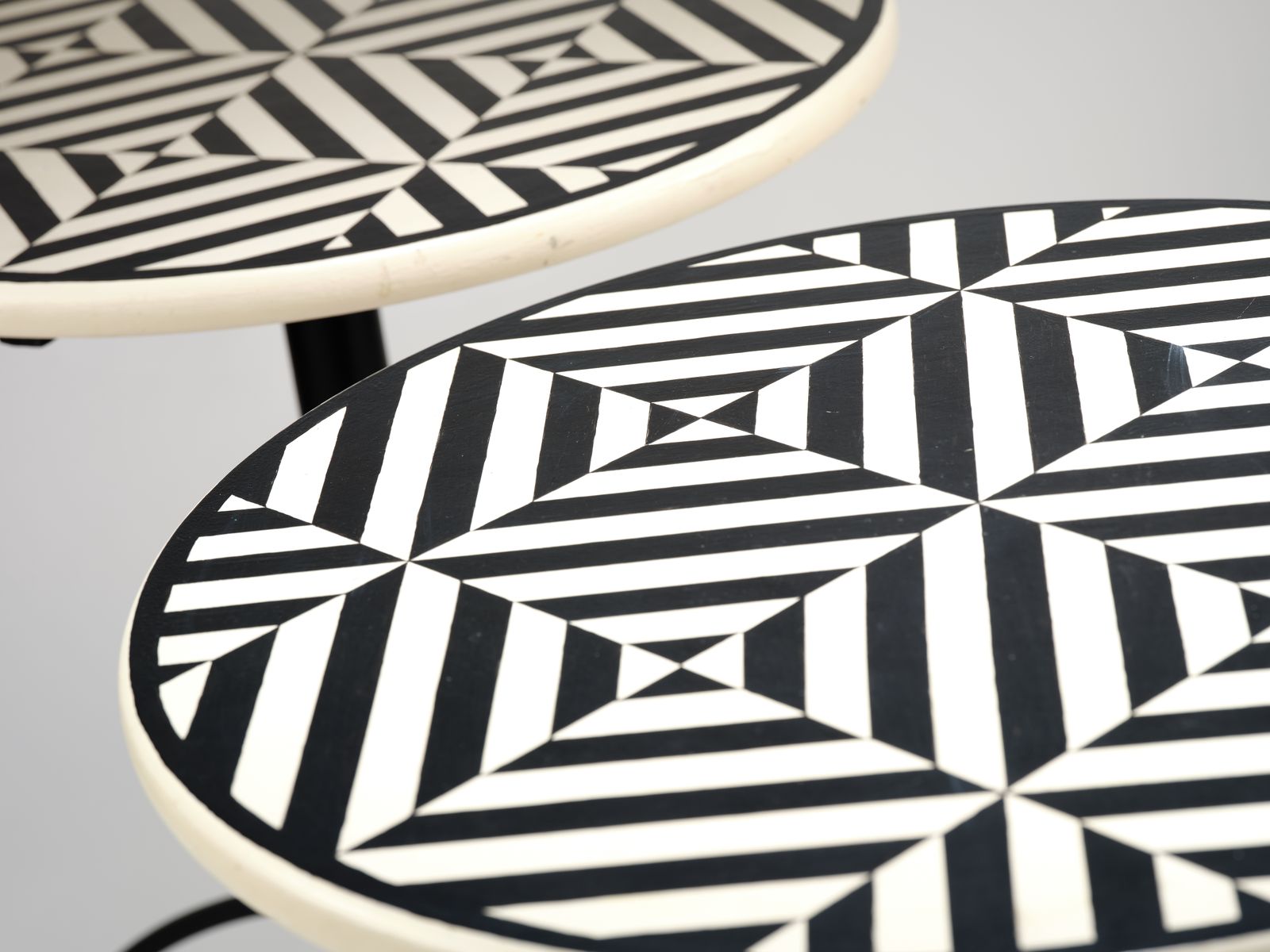 photo for sale Delightful Hand Painted Geometric Bistro Tables, With Metal Base. England Circa 1980's