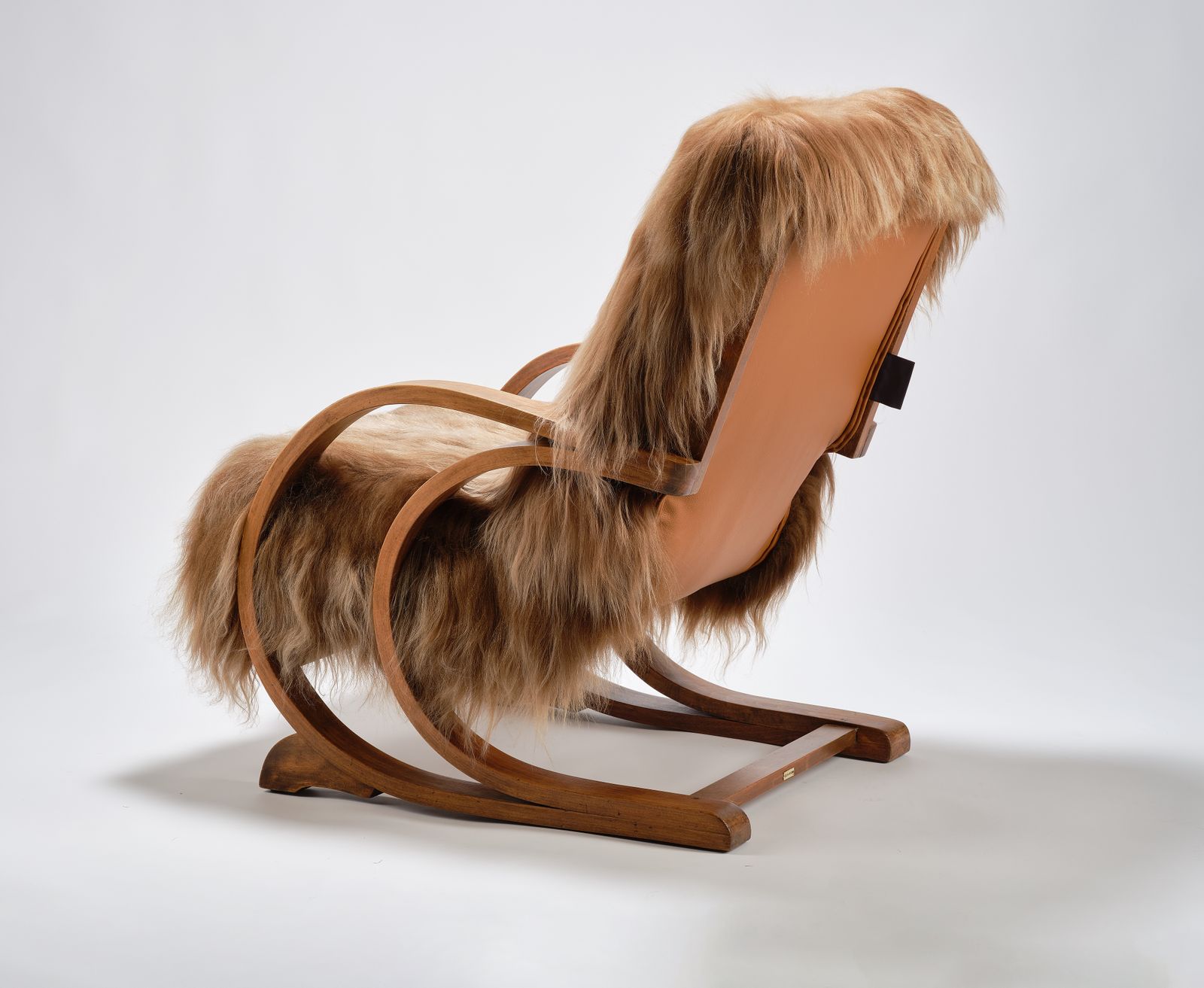 photo furniture Unique & Rare Modernist Deco ‘Famulus’ By J P Hully Bentwood Sprung Seated Armchair Wrapped In Icelandic Sheepskin & Cognac Leather. Circa 1930s