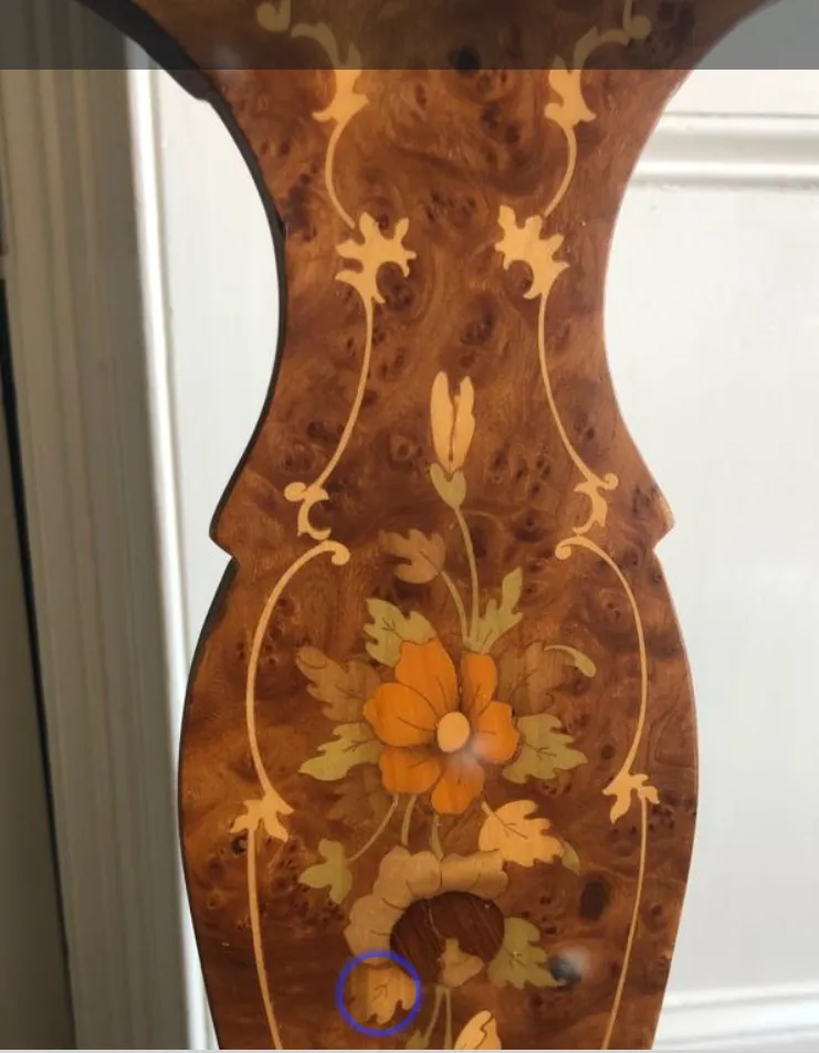 Italian Elegant Dinner Table, Intarsia Like Flower Motif, Golden Metal Adornment On Legs And Chairs photo Furniture