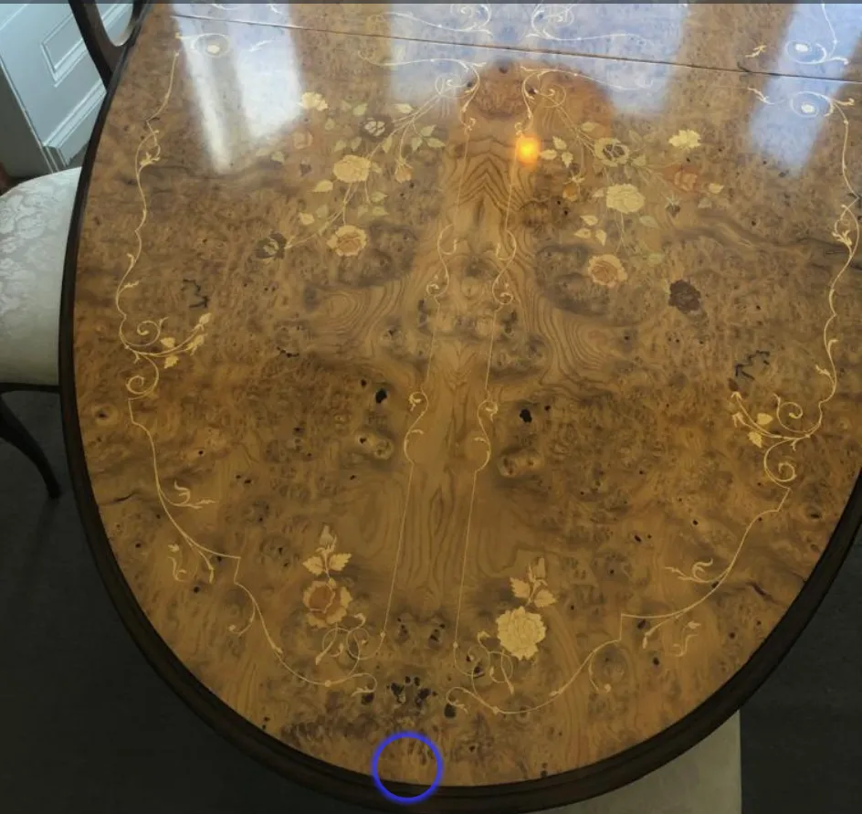 Italian Elegant Dinner Table, Intarsia Like Flower Motif, Golden Metal Adornment On Legs And Chairs photo 1350.0