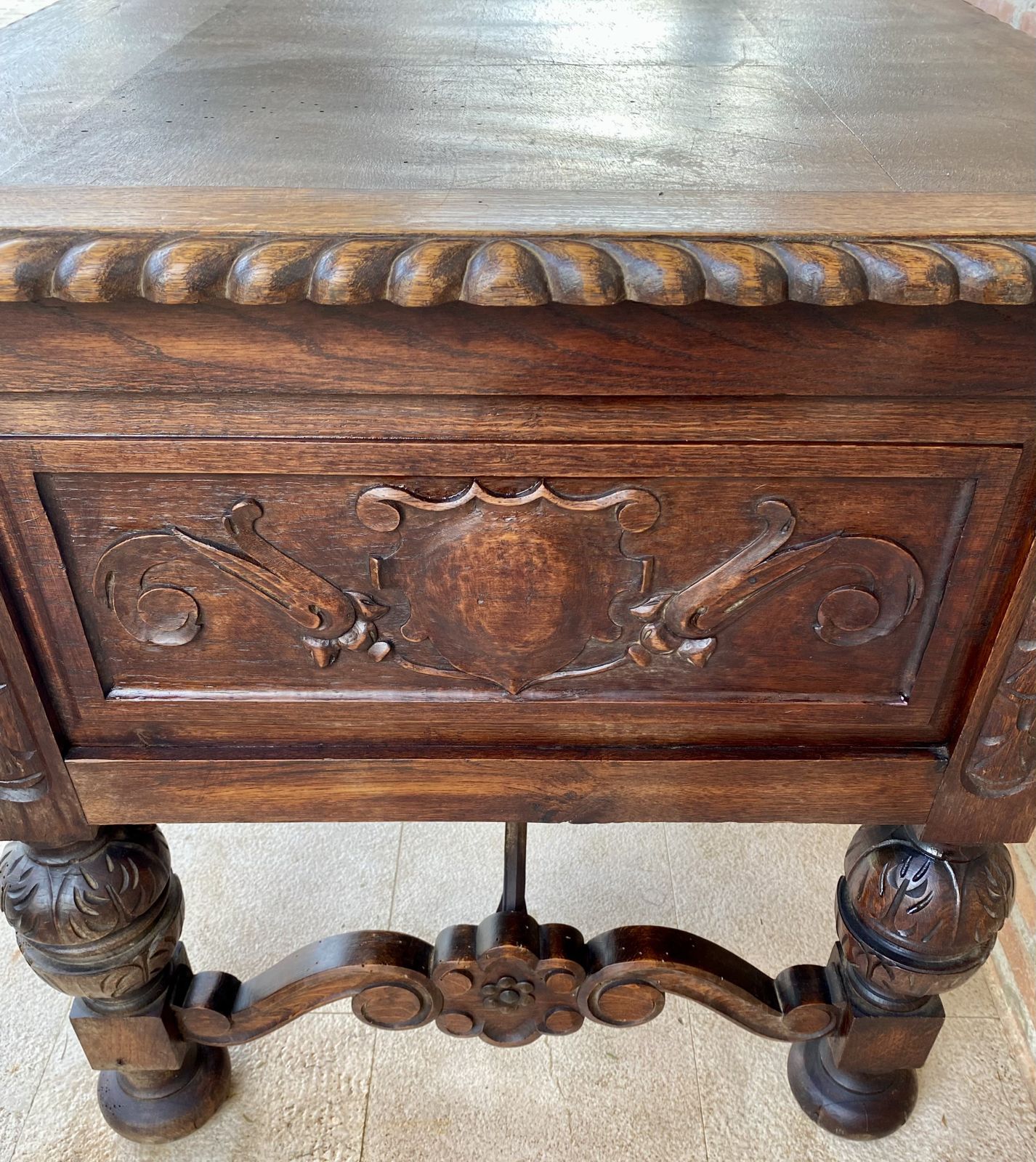 19th Century French Renaissance Hand Carved Desk Or Writing Table With Carved Structure And Iron Stretcher photo furniture