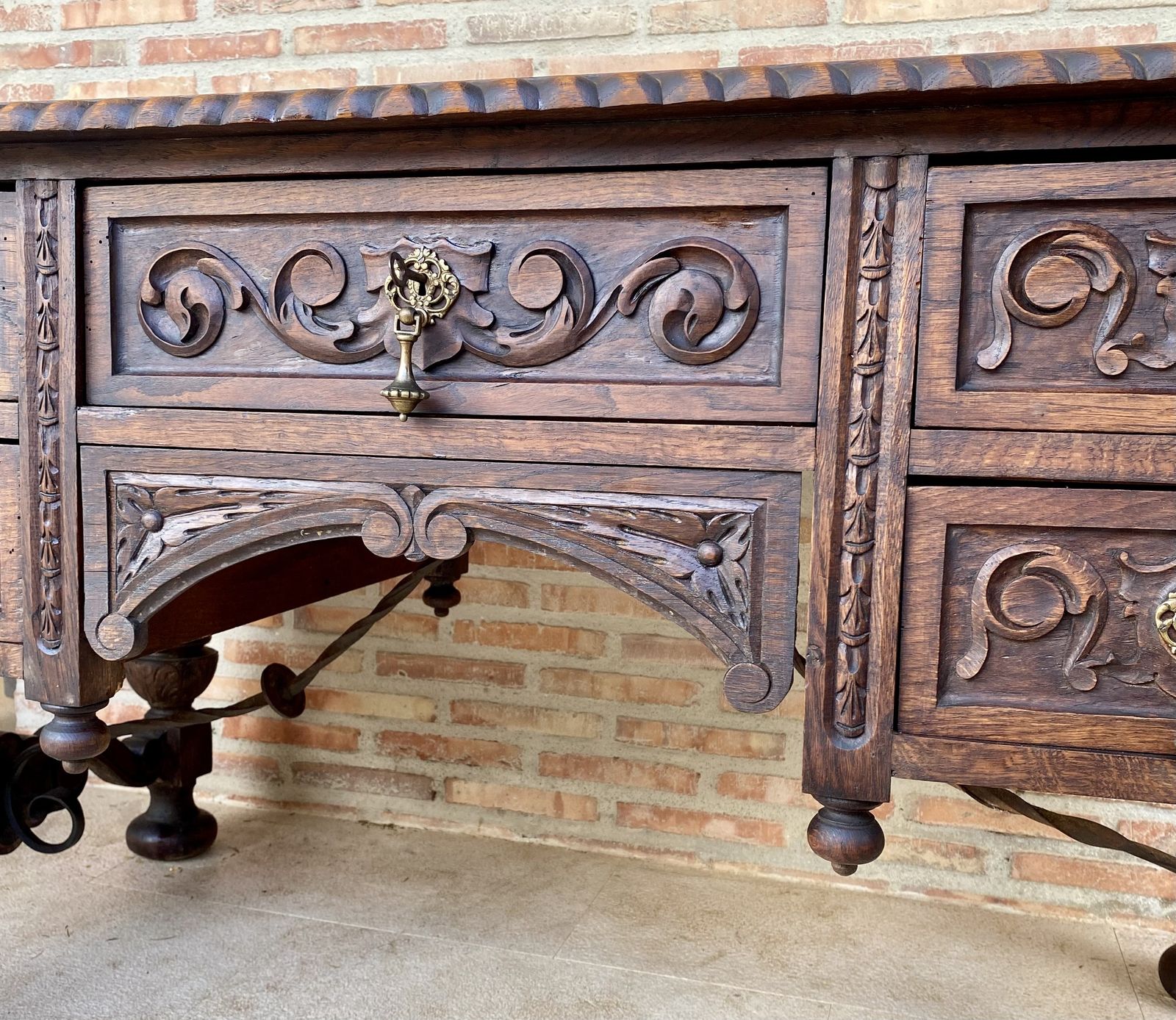 19th Century French Renaissance Hand Carved Desk Or Writing Table With Carved Structure And Iron Stretcher photo vintage