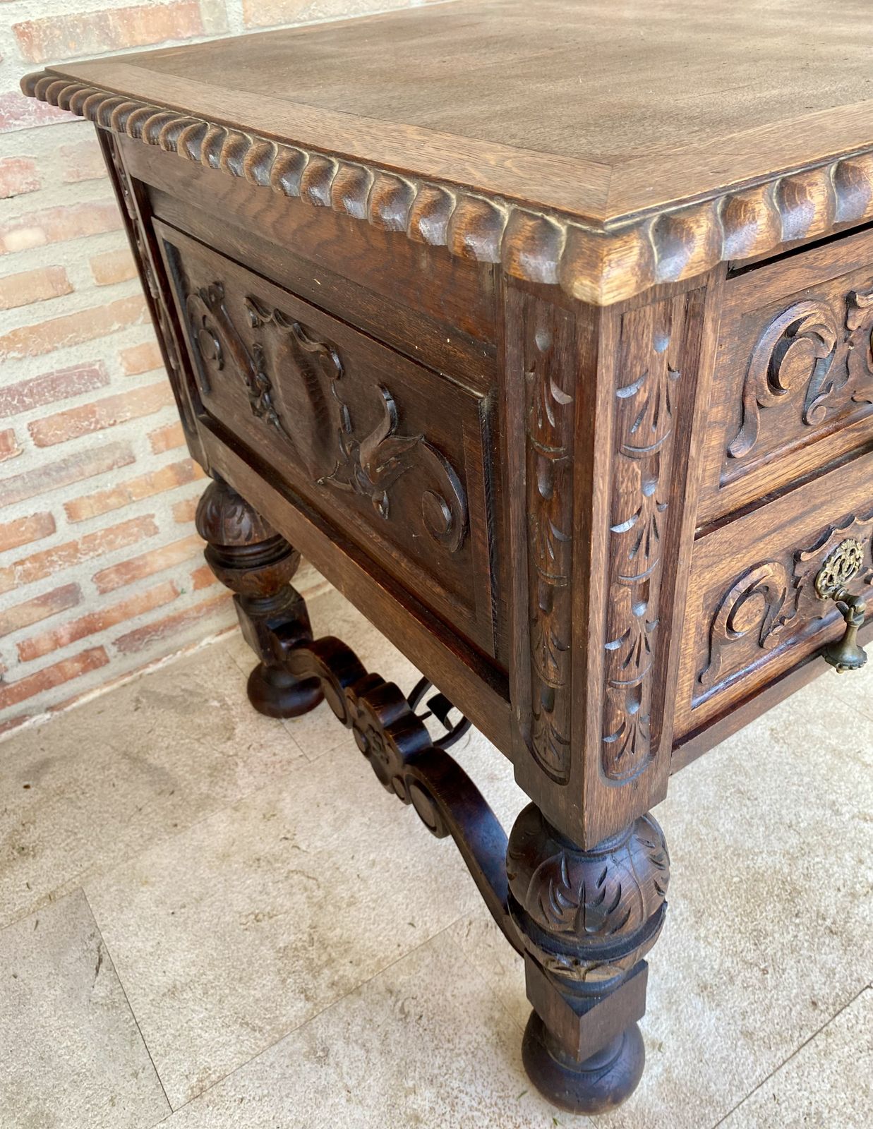 4840.63 19th Century French Renaissance Hand Carved Desk Or Writing Table With Carved Structure And Iron Stretcher photo