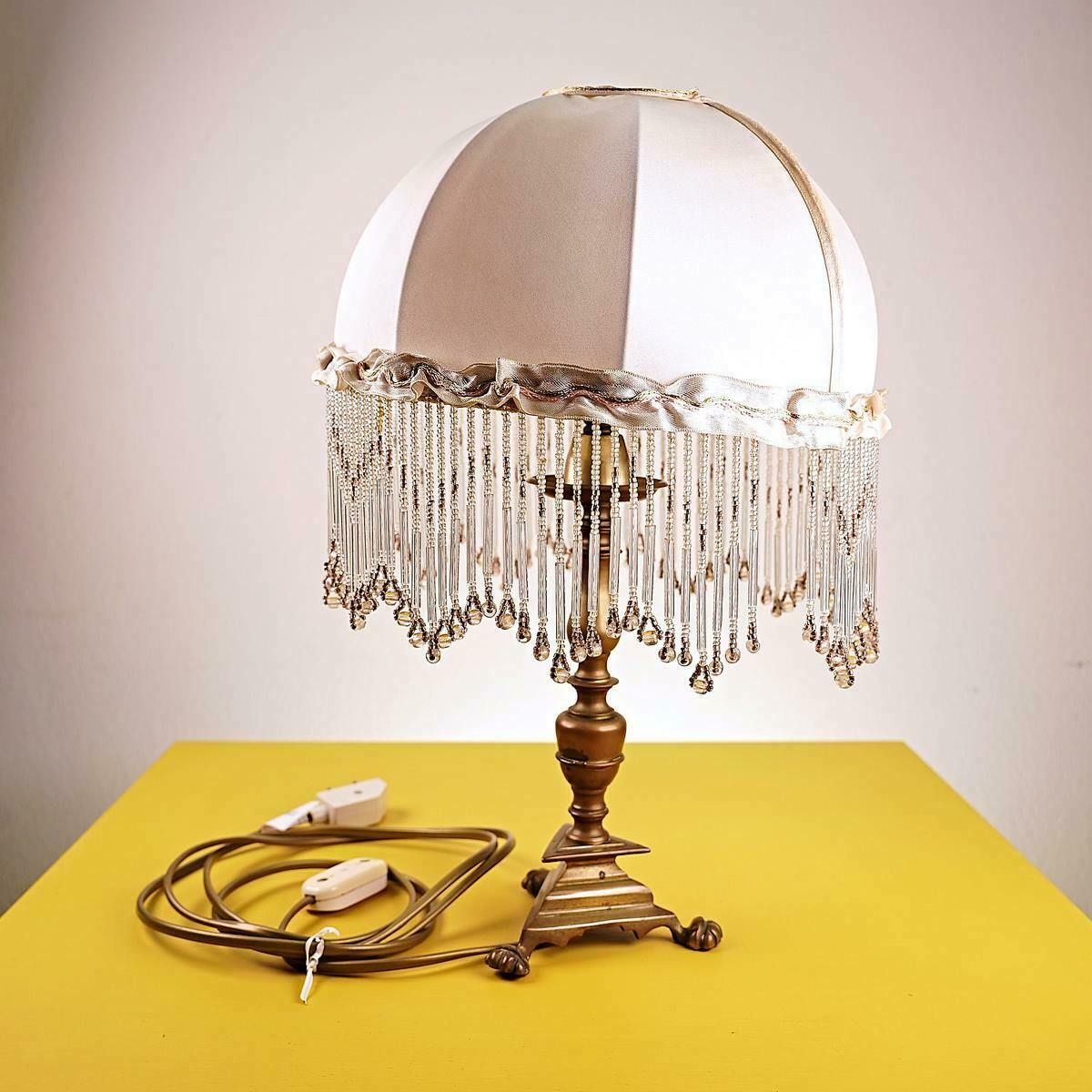 Vintage Table Lamp With Brass Base And Satin Lampshade With Beads