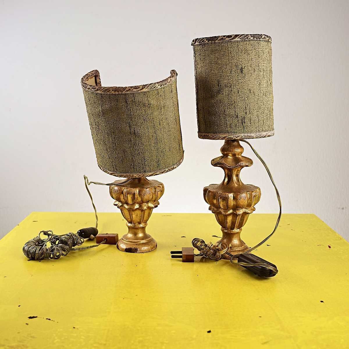 Pair Of Antique Golden Lamps, Wooden Palm Holder
