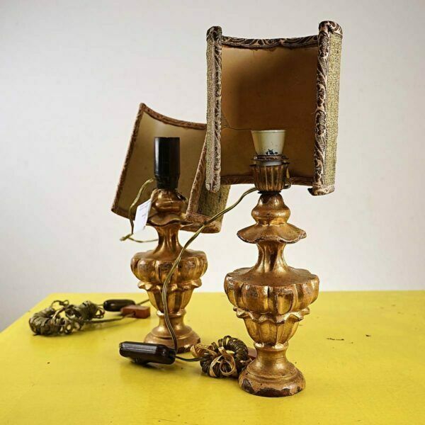 Pair Of Antique Golden Lamps, Wooden Palm Holder photo vinterior