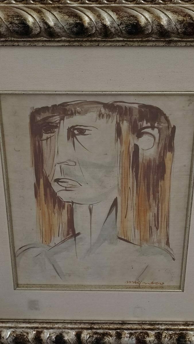 Work By Giuseppe Migneco, Tempera On Canvas Cardboard From 1960, Woman's Face In Profile photo furniture