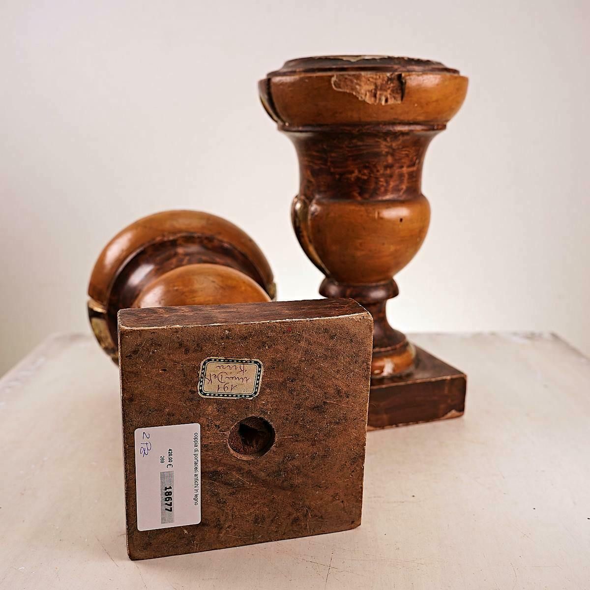 photo for sale Pair Of Antique Wooden Candle Holders